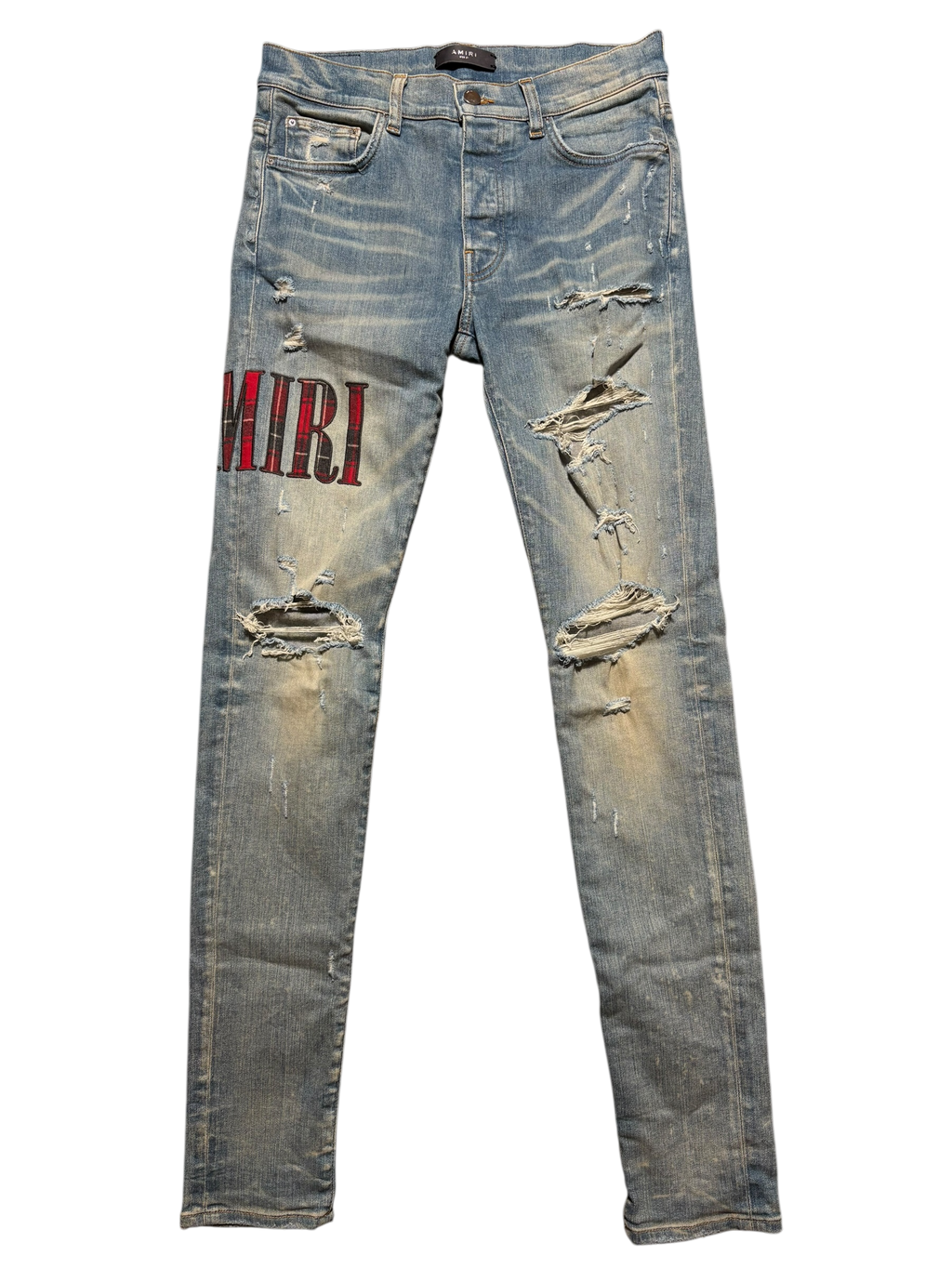 Amiri Red Plaid Side Logo Light Wash Blue Jeans