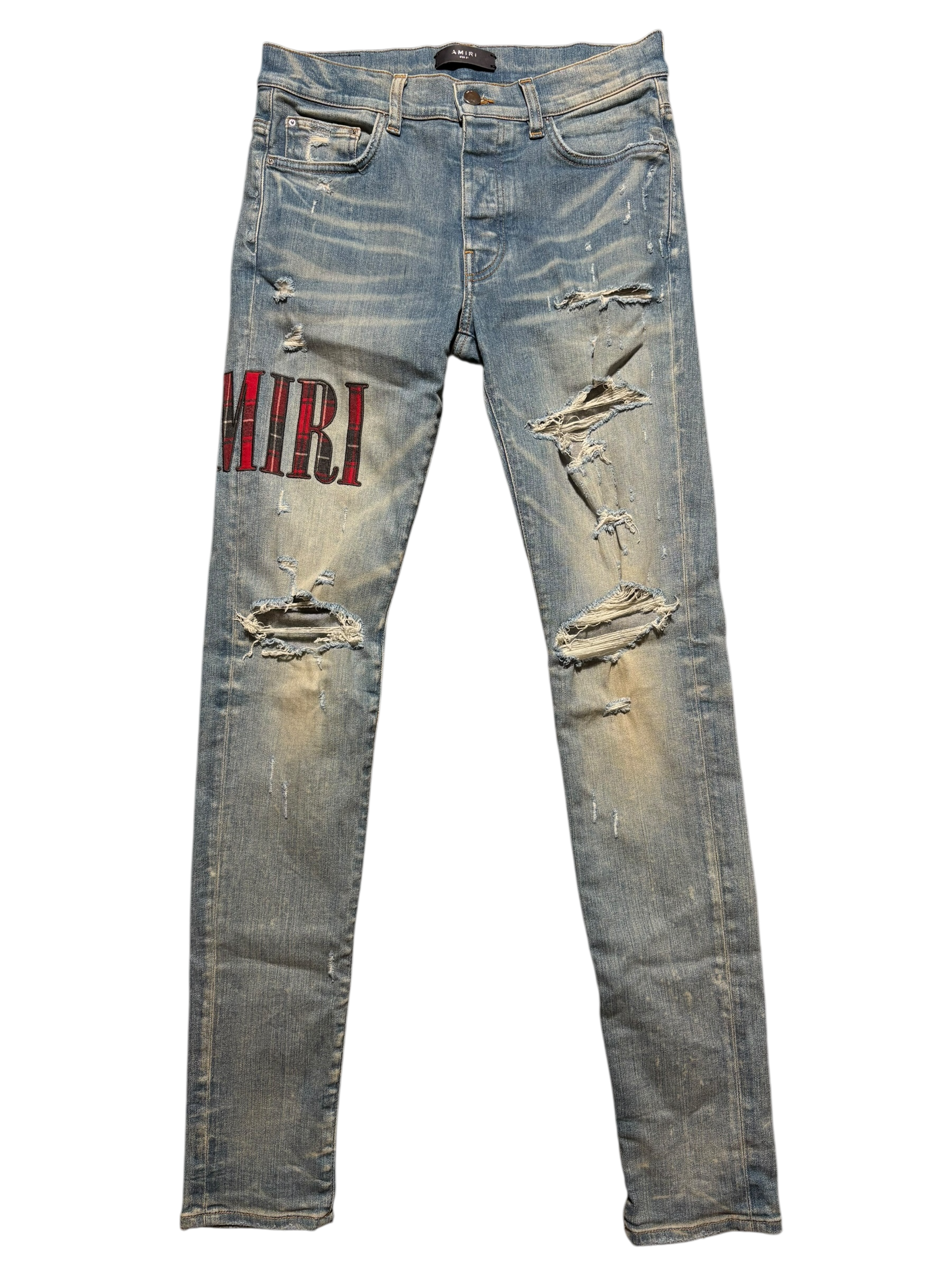 Amiri Red Plaid Side Logo Light Wash Blue Jeans