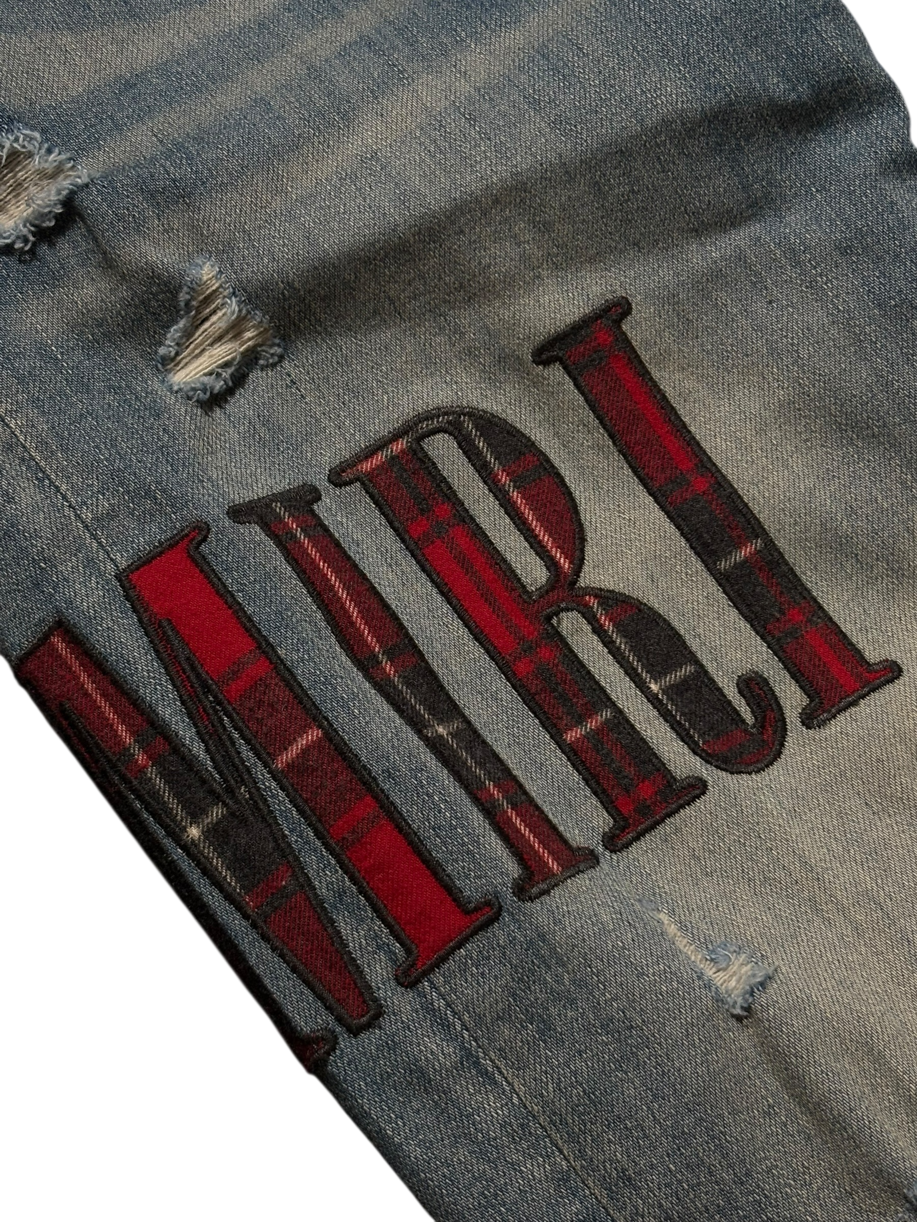 Amiri Red Plaid Side Logo Light Wash Blue Jeans