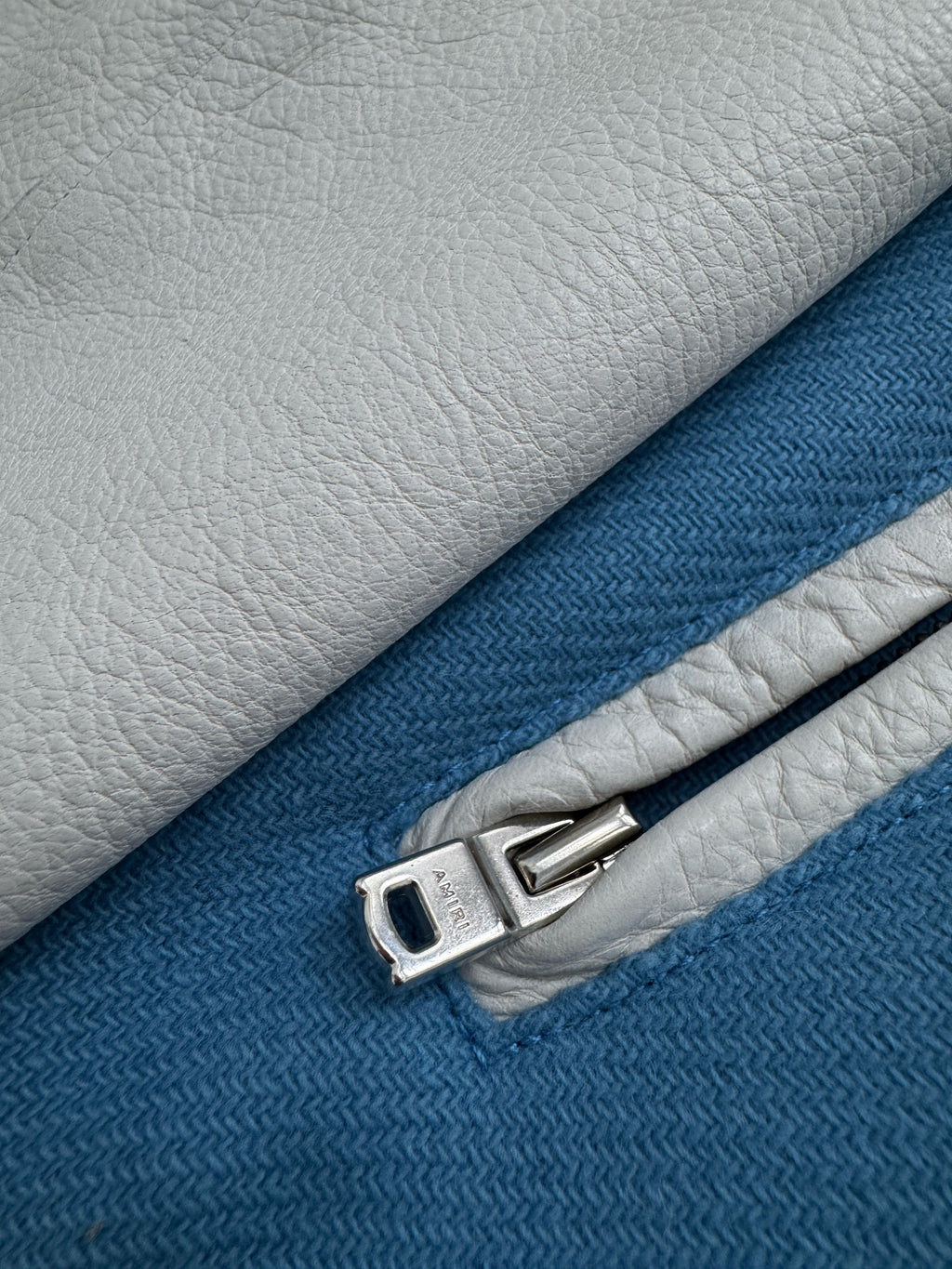 AMIRI Varsity Leather Jacket Light Blue/White - Size XL