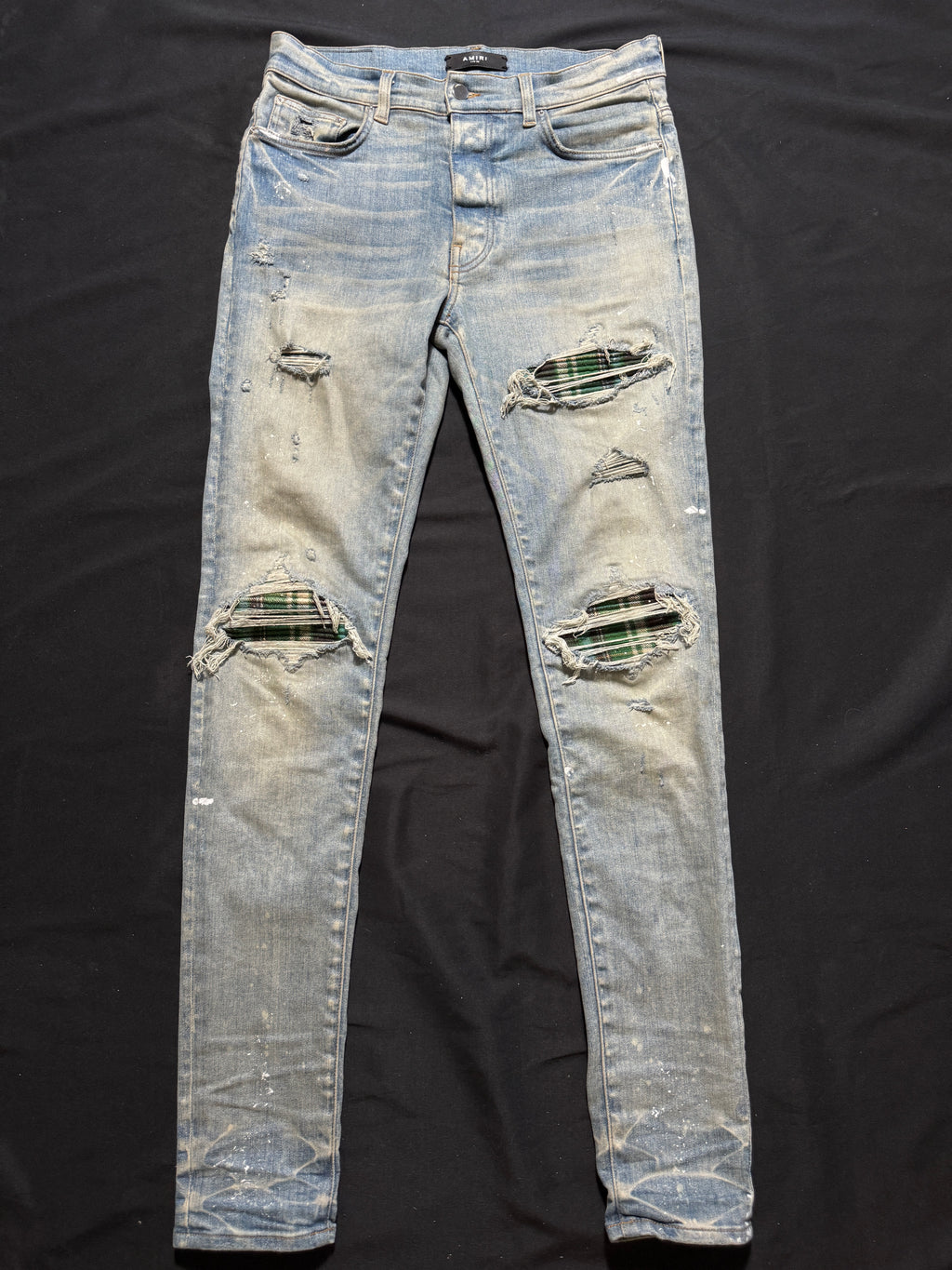 Amiri Mx1 Light Wash Green Plaid Patch Jeans