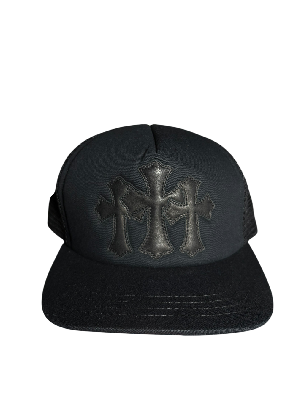 Chrome Hearts Cemetery Three Cross Black on Black Trucker Hat