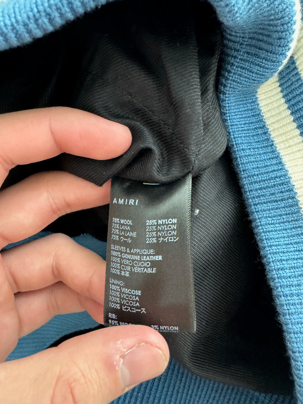 AMIRI Varsity Leather Jacket Light Blue/White - Size XL