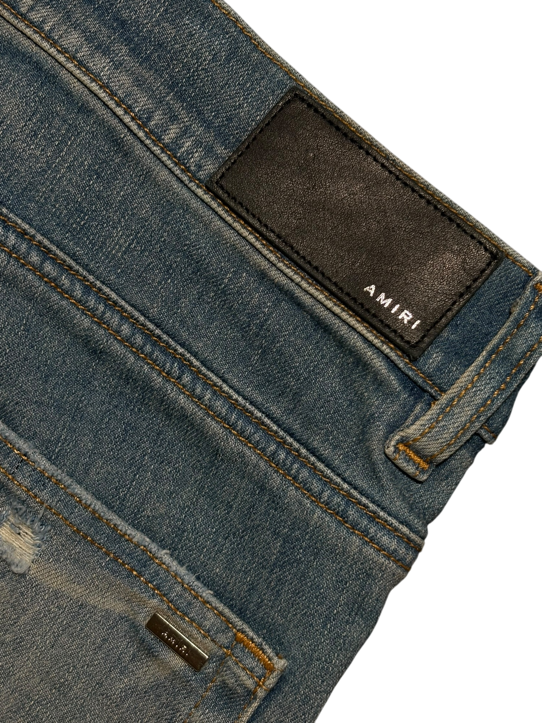 Amiri Red Plaid Side Logo Light Wash Blue Jeans