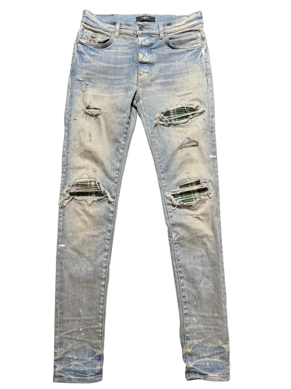 Amiri Mx1 Light Wash Green Plaid Patch Jeans