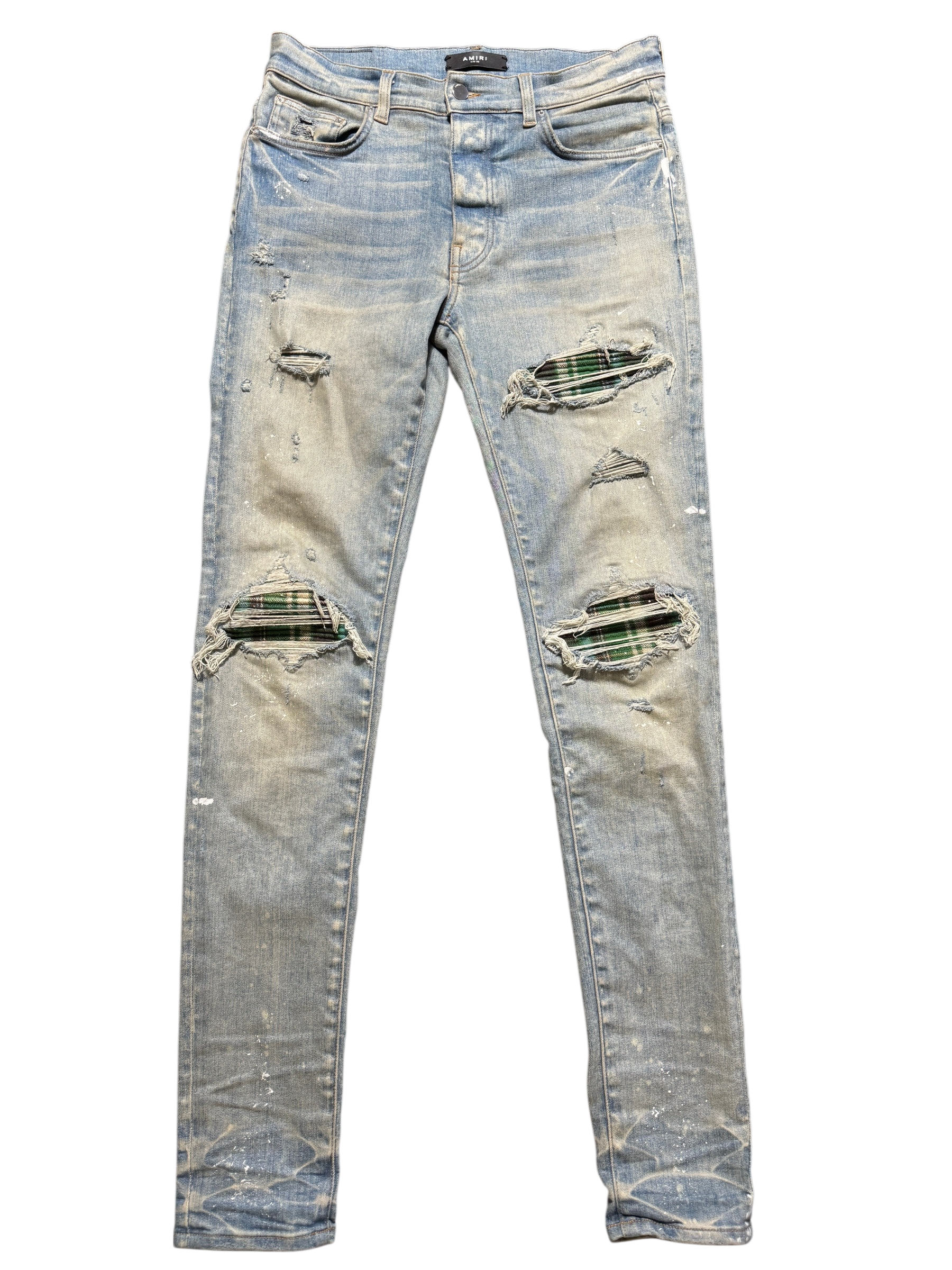Amiri Mx1 Light Wash Green Plaid Patch Jeans