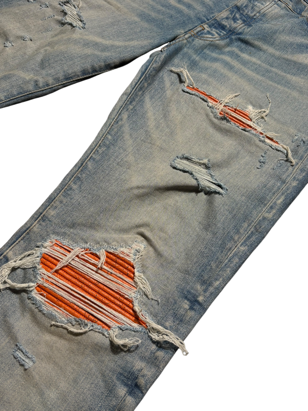 Amiri MX1 LightWash Orange Crackle Patch Jeans
