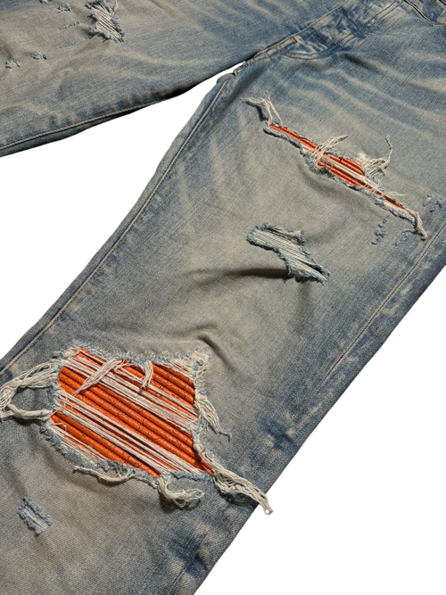Amiri MX1 LightWash Orange Crackle Patch Jeans