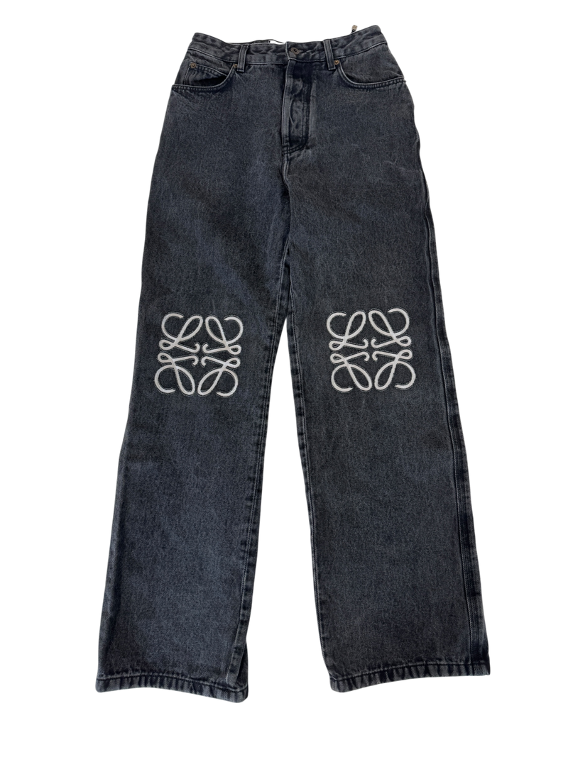 Loewe Wide Leg Logo Embroidered Black Jeans