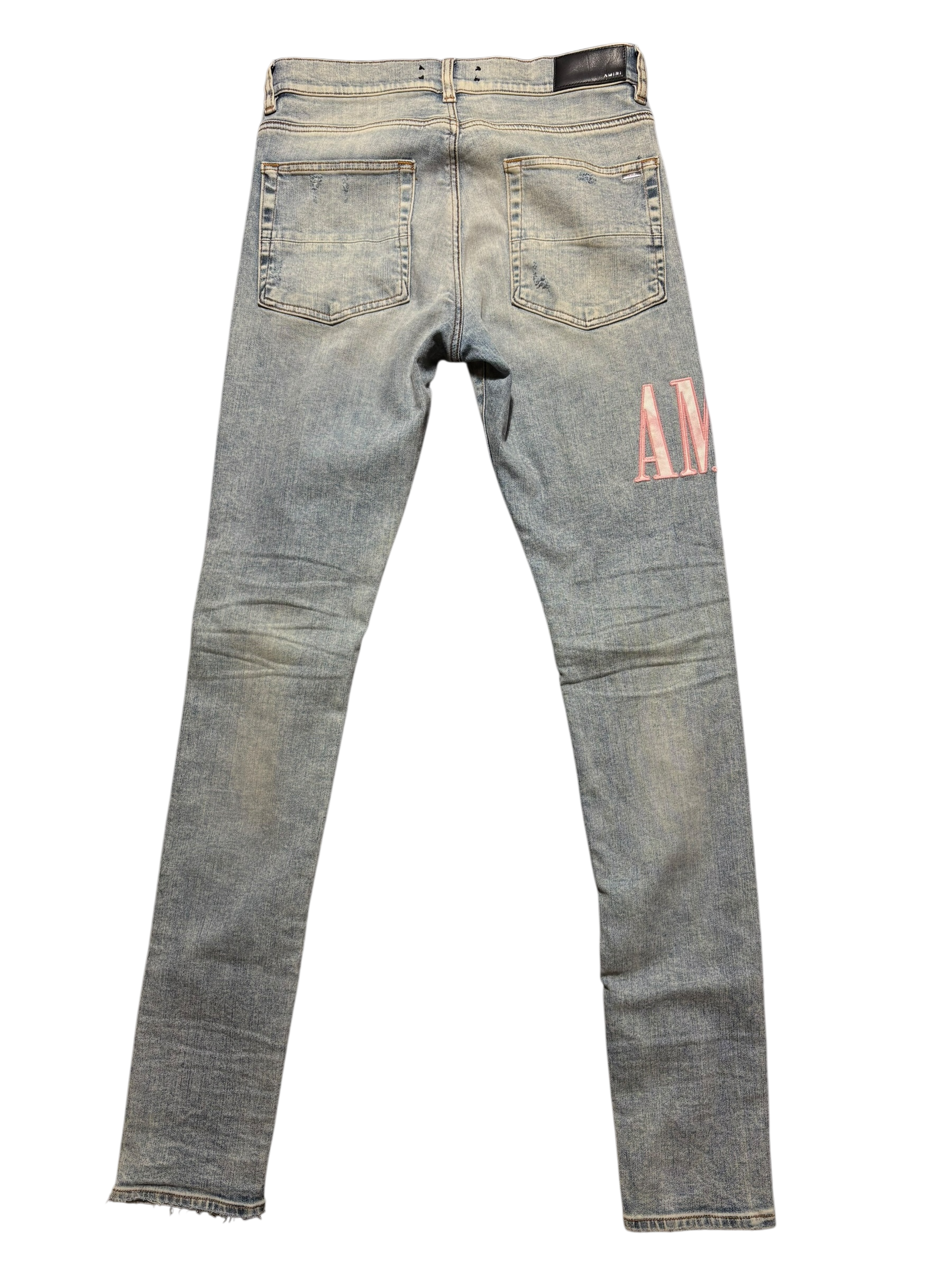 Amiri Pink Side Logo Light Wash Blue Jeans
