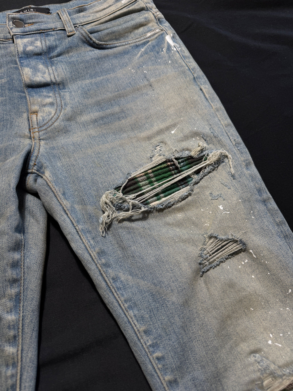 Amiri Mx1 Light Wash Green Plaid Patch Jeans