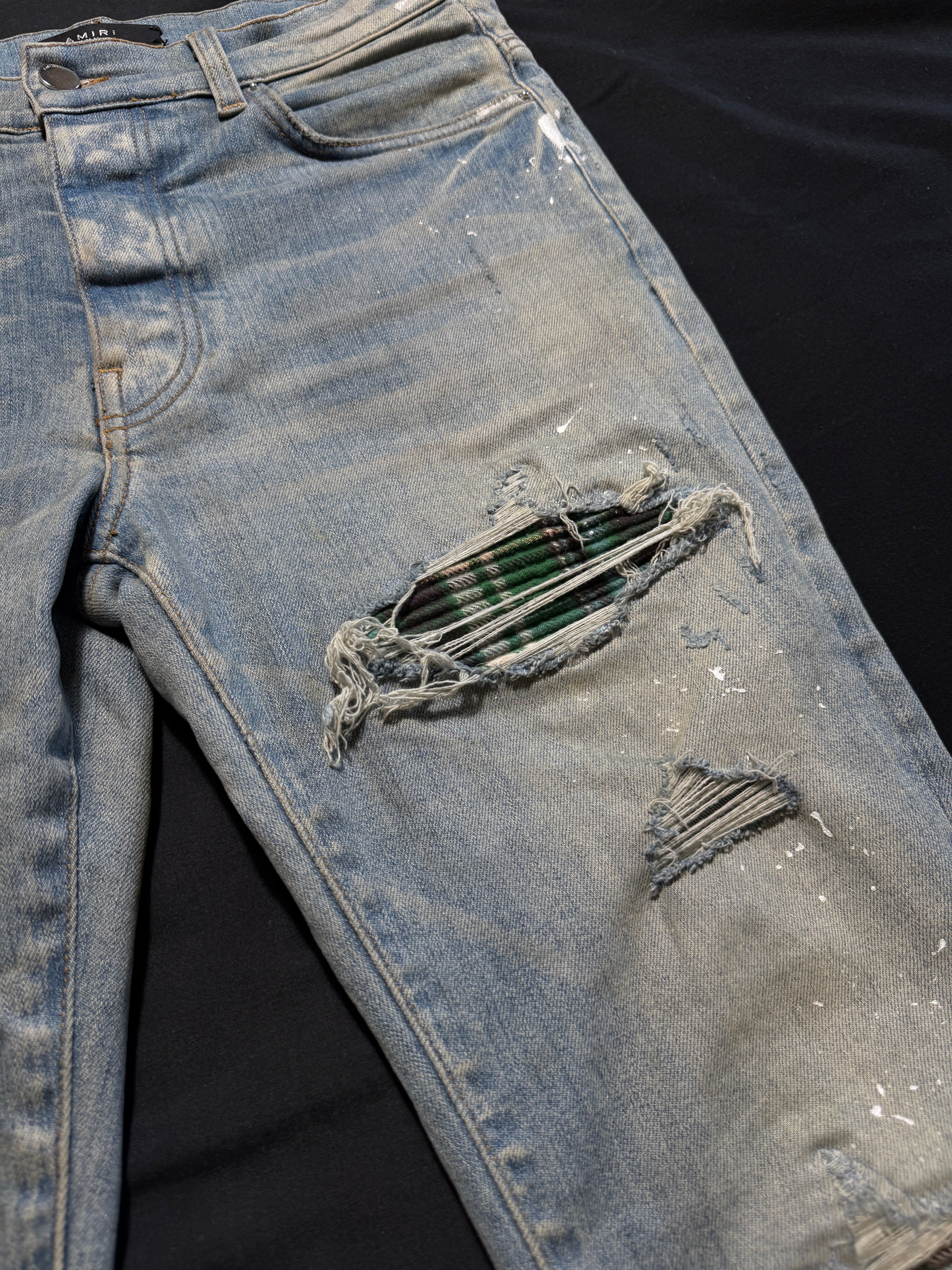 Amiri Mx1 Light Wash Green Plaid Patch Jeans