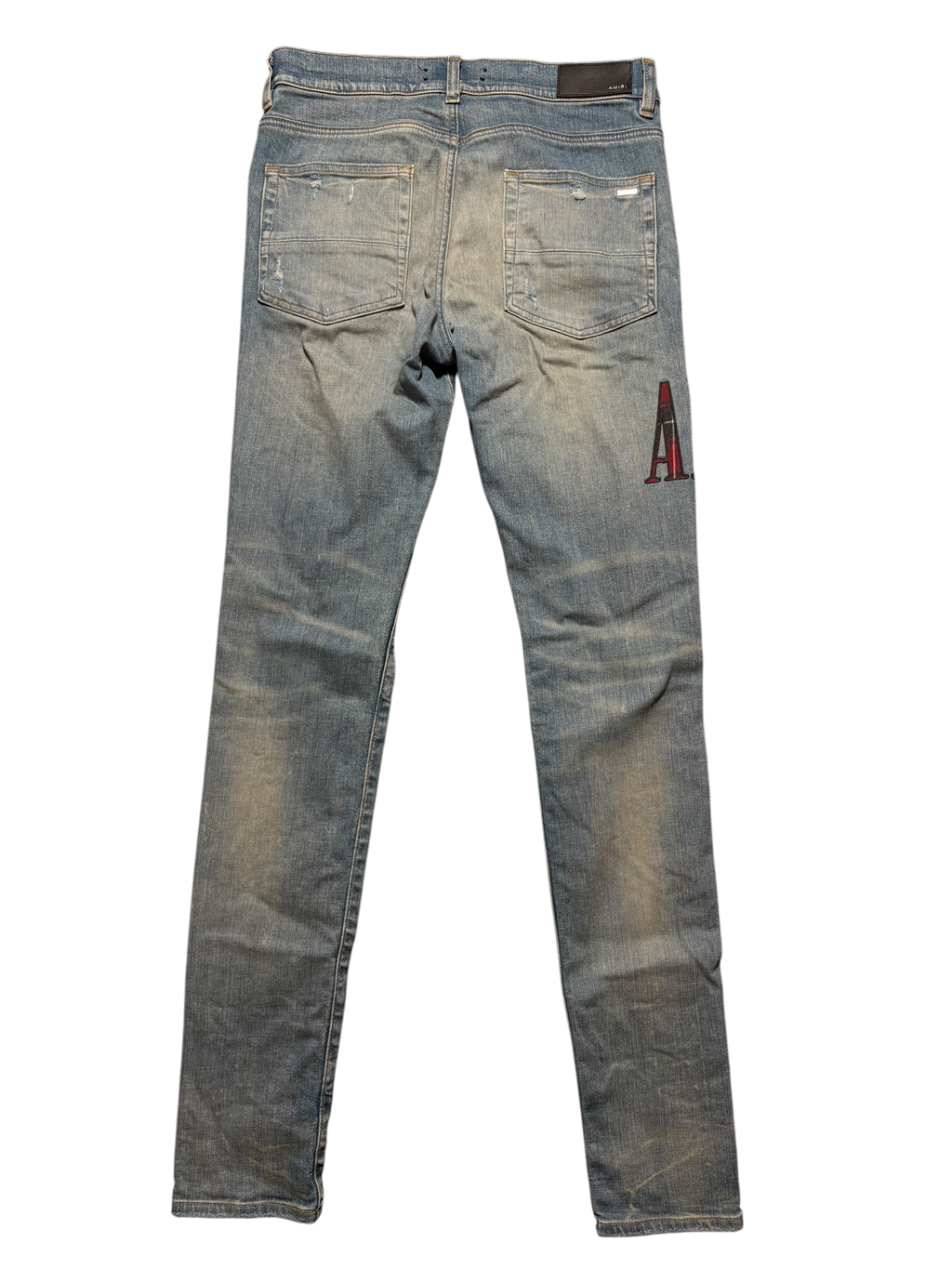 Amiri Red Plaid Side Logo Light Wash Blue Jeans