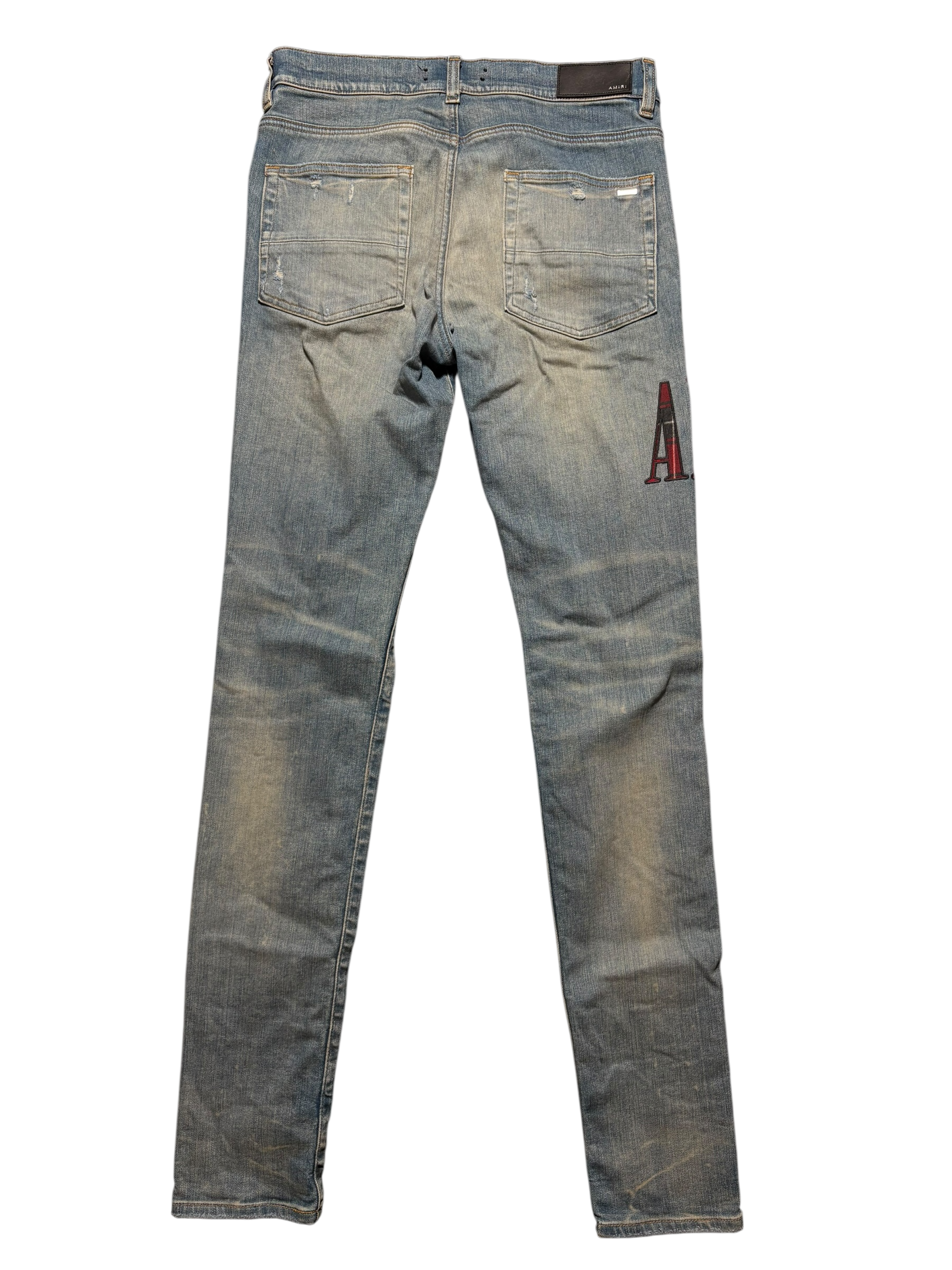 Amiri Red Plaid Side Logo Light Wash Blue Jeans