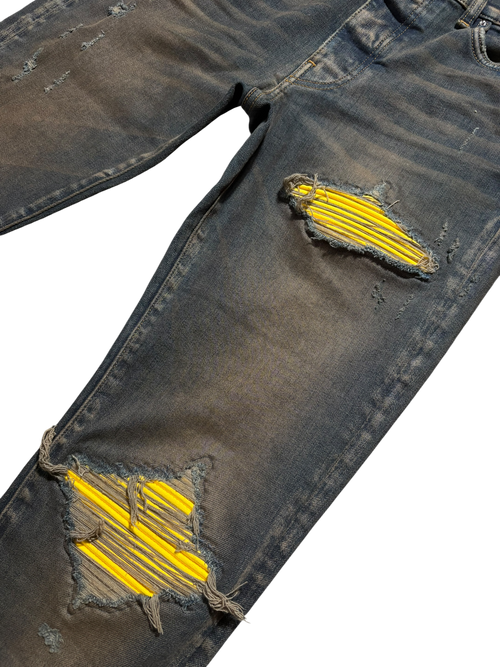 Amiri MX1 Dark Indigo Yellow Patch Jeans - Size 30