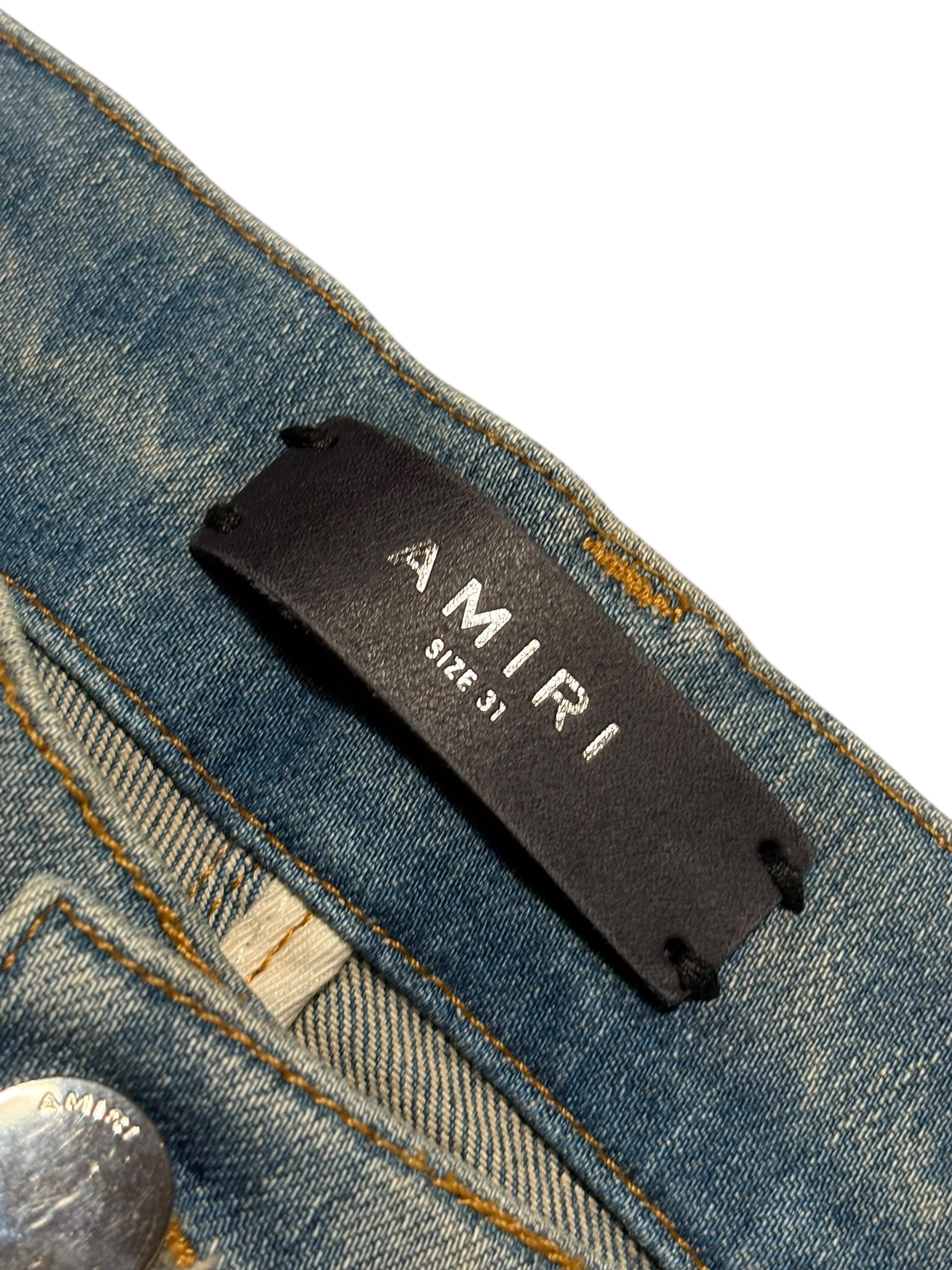 Amiri Red Plaid Side Logo Light Wash Blue Jeans