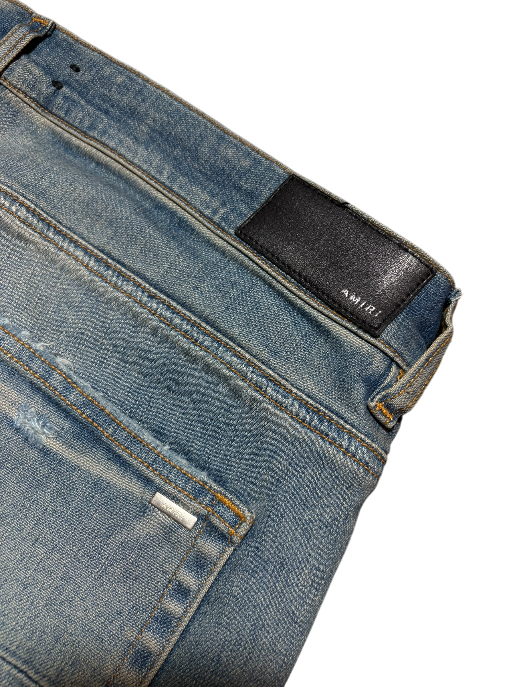 Amiri Distrssed Bones Patch Jeans Camo Blue - Size 38