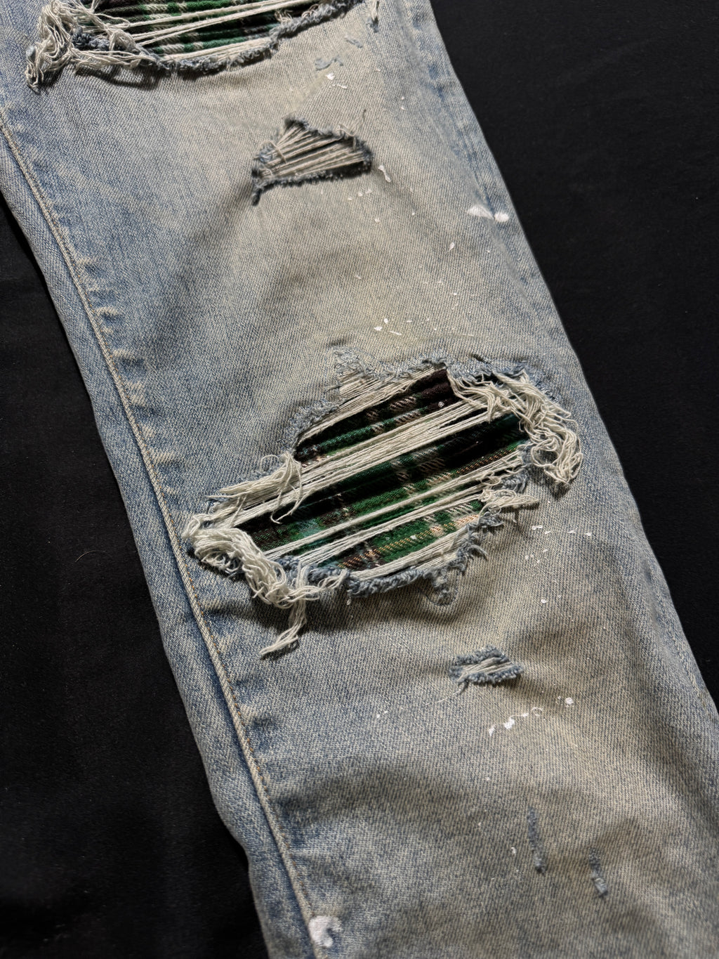 Amiri Mx1 Light Wash Green Plaid Patch Jeans