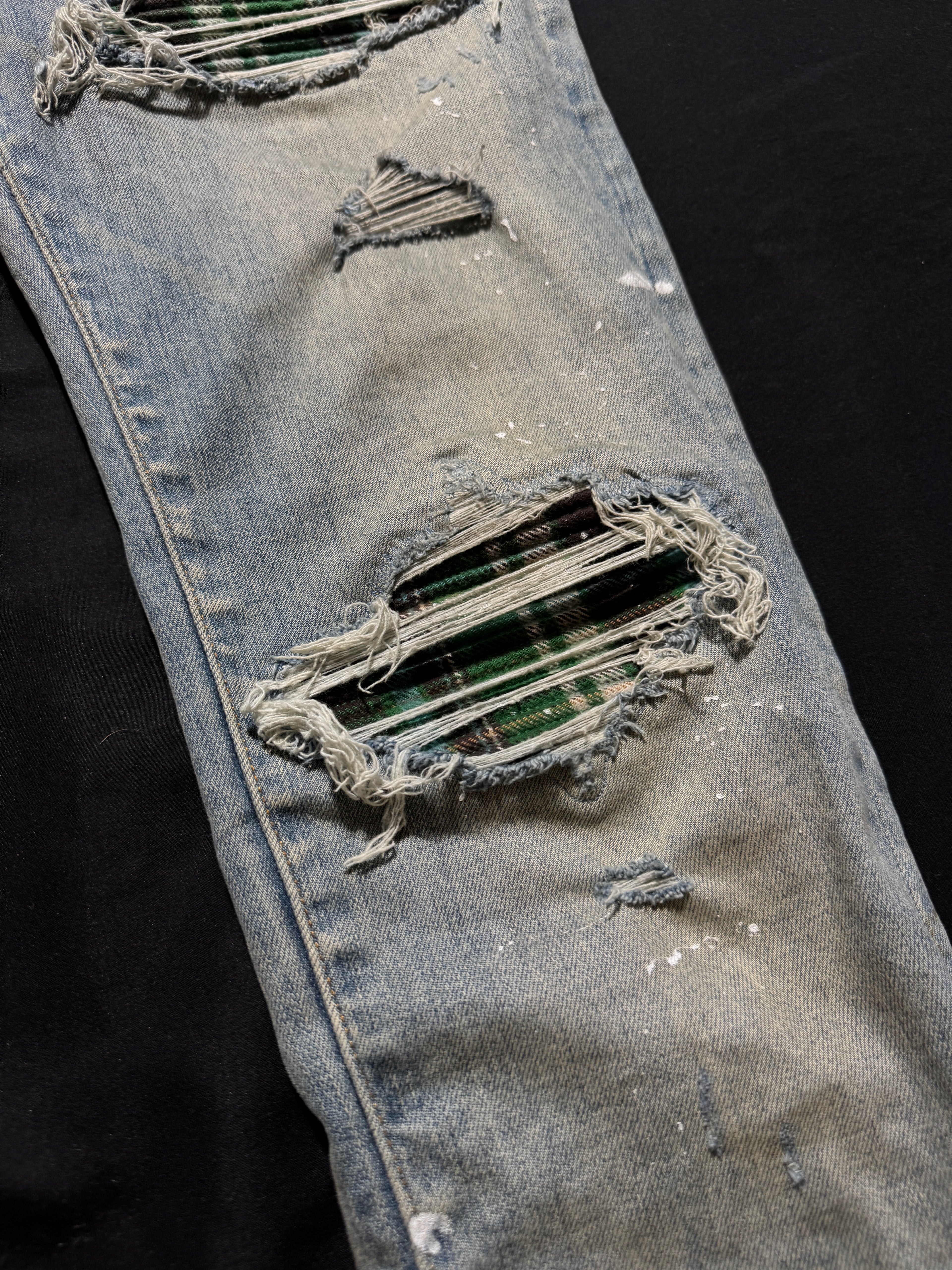 Amiri Mx1 Light Wash Green Plaid Patch Jeans