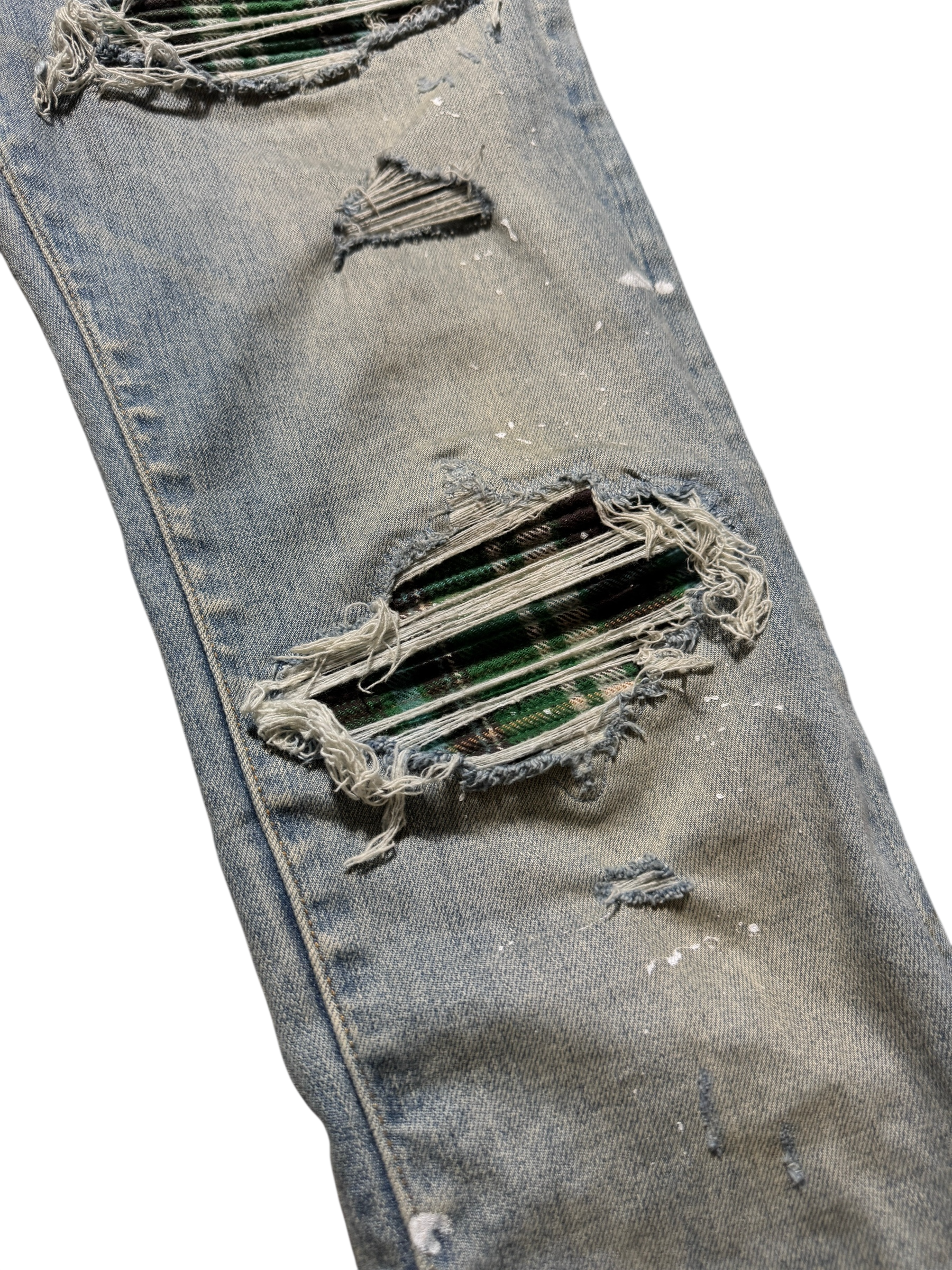 Amiri Mx1 Light Wash Green Plaid Patch Jeans