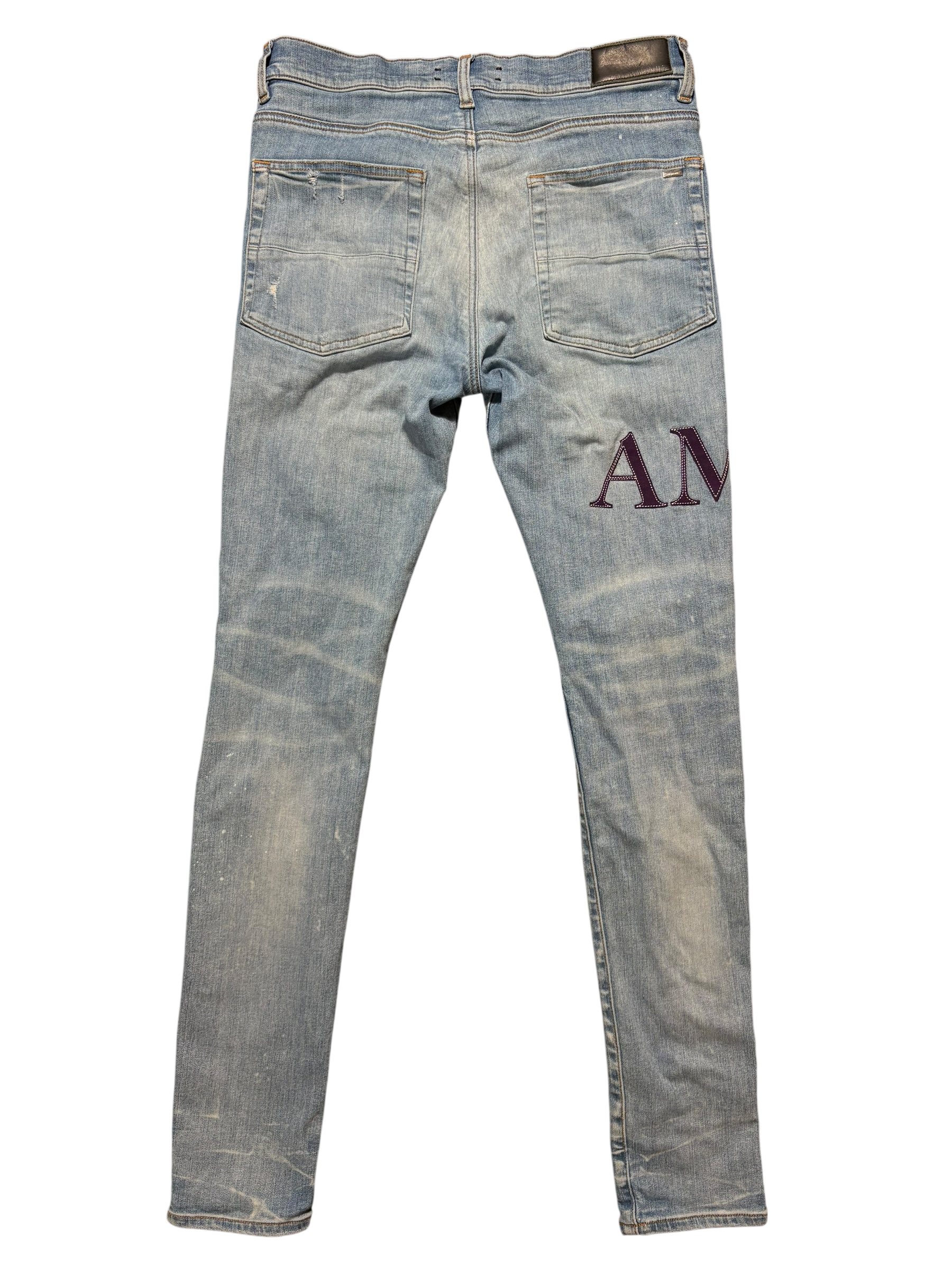 Amiri Mx1 Light Wash Serif Logo Purple Patch Jeans - Size 34