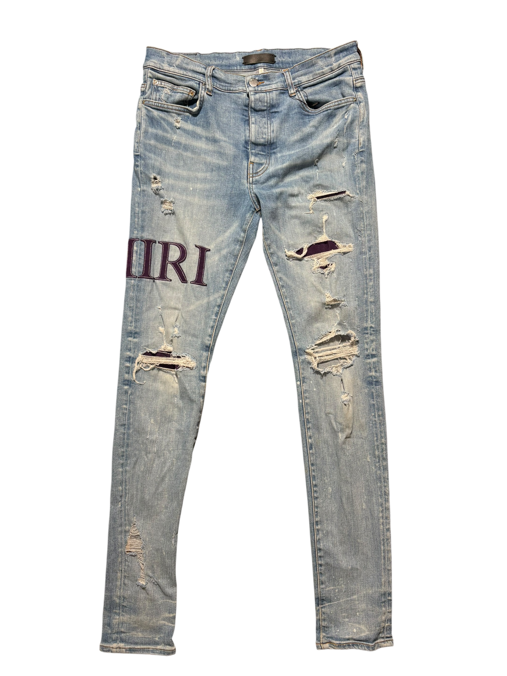 Amiri Mx1 Light Wash Serif Logo Purple Patch Jeans - Size 34