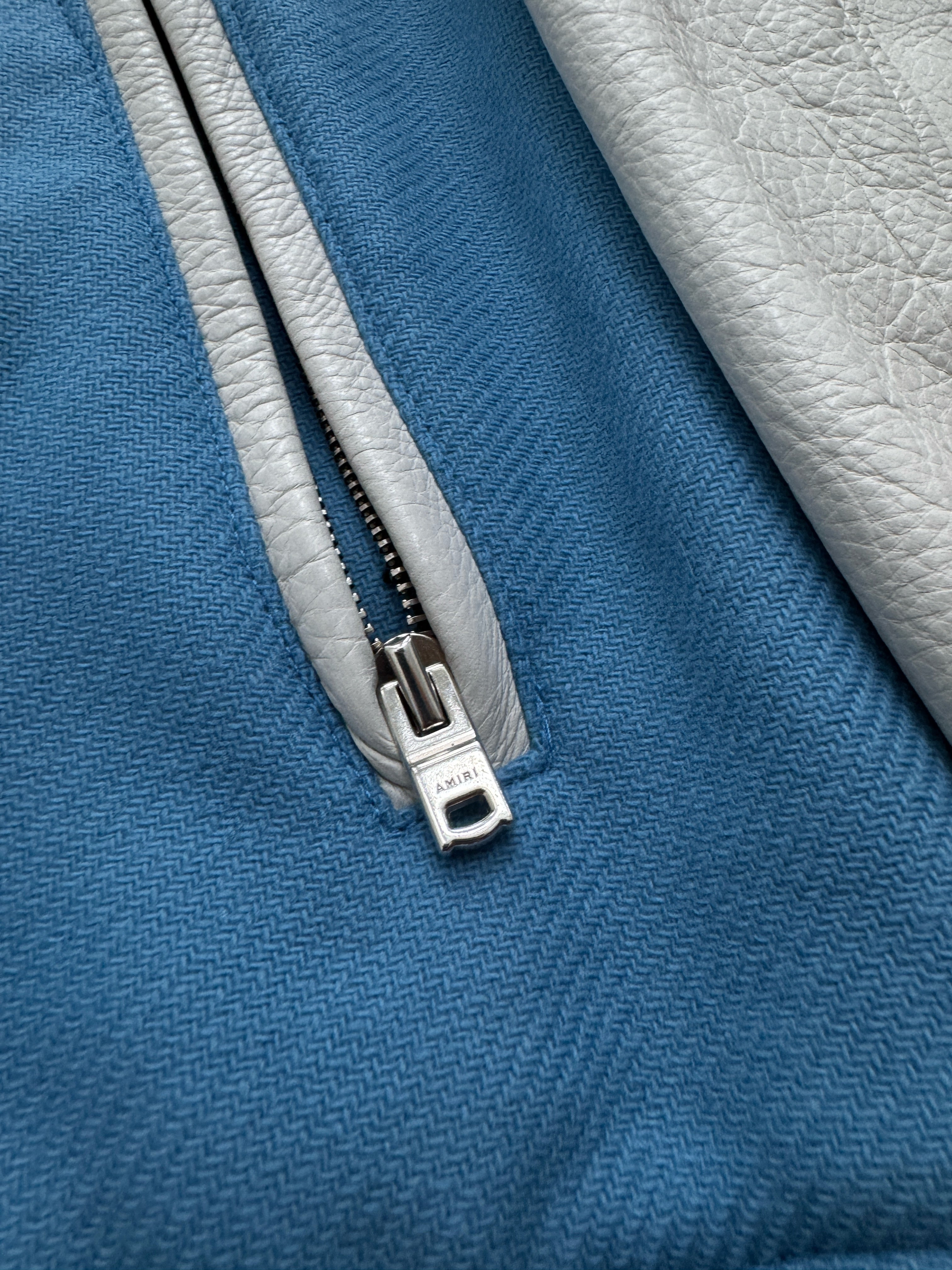 AMIRI Varsity Leather Jacket Light Blue/White - Size XL