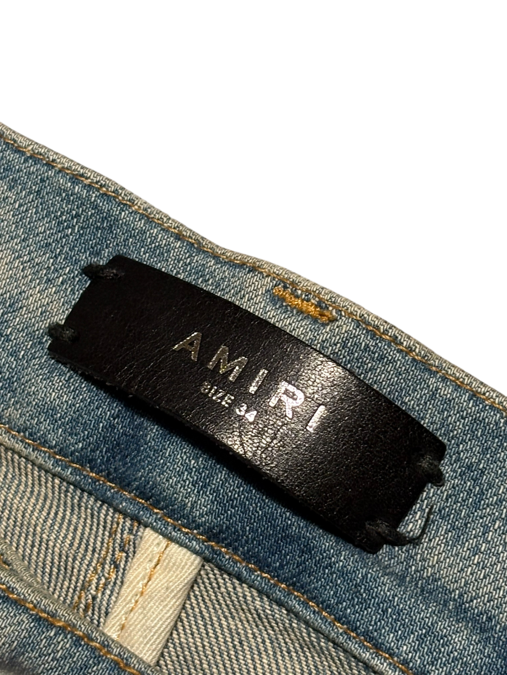 Amiri MX1 LightWash Orange Crackle Patch Jeans