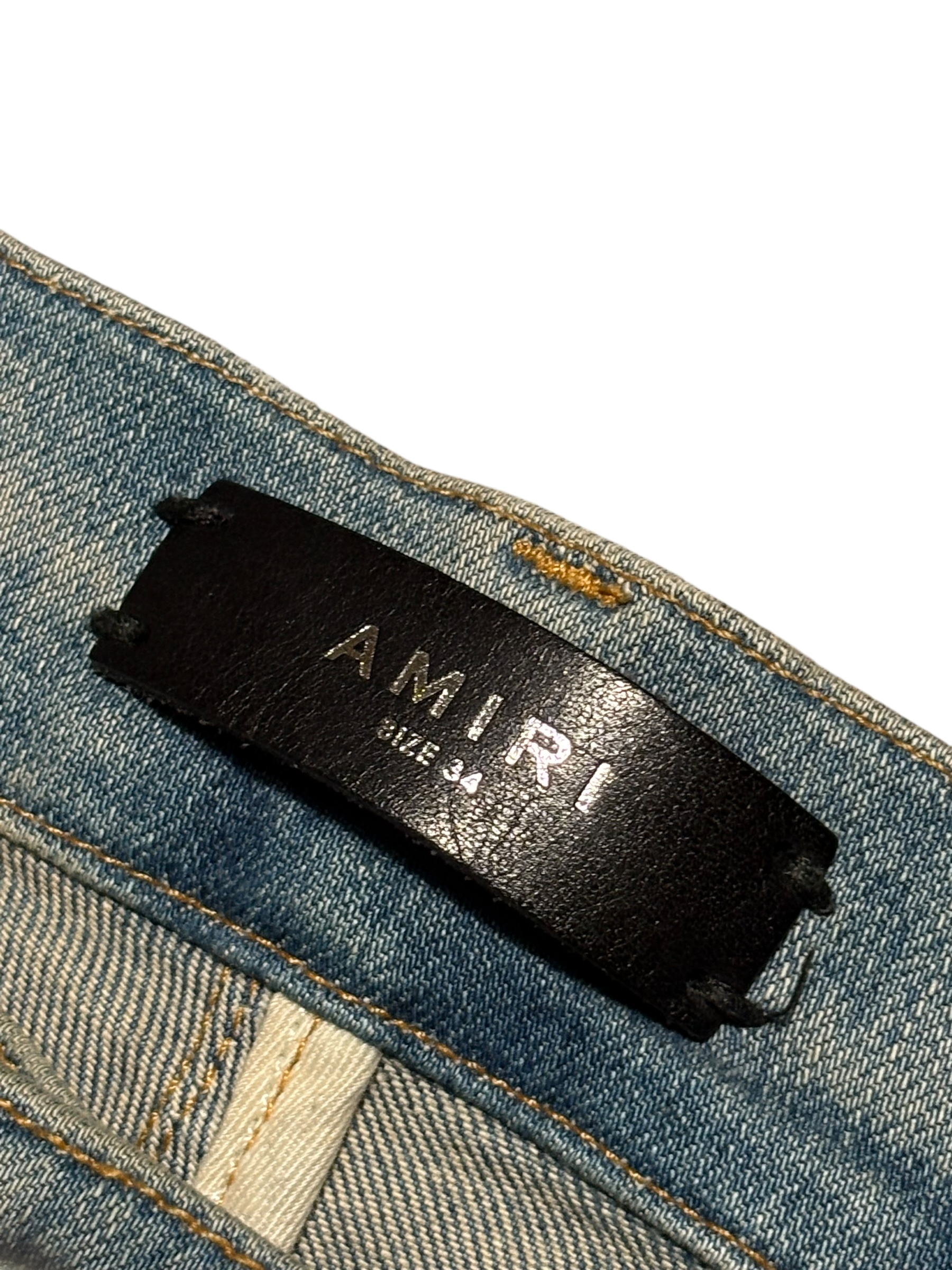 Amiri MX1 LightWash Orange Crackle Patch Jeans