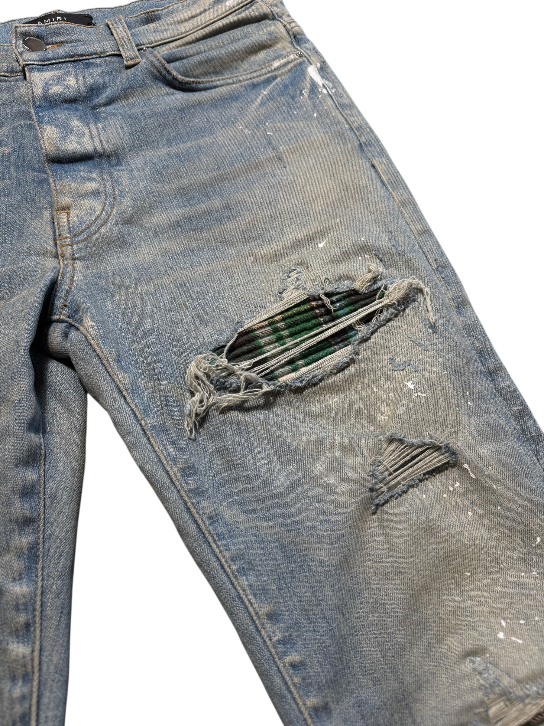 Amiri Mx1 Light Wash Green Plaid Patch Jeans