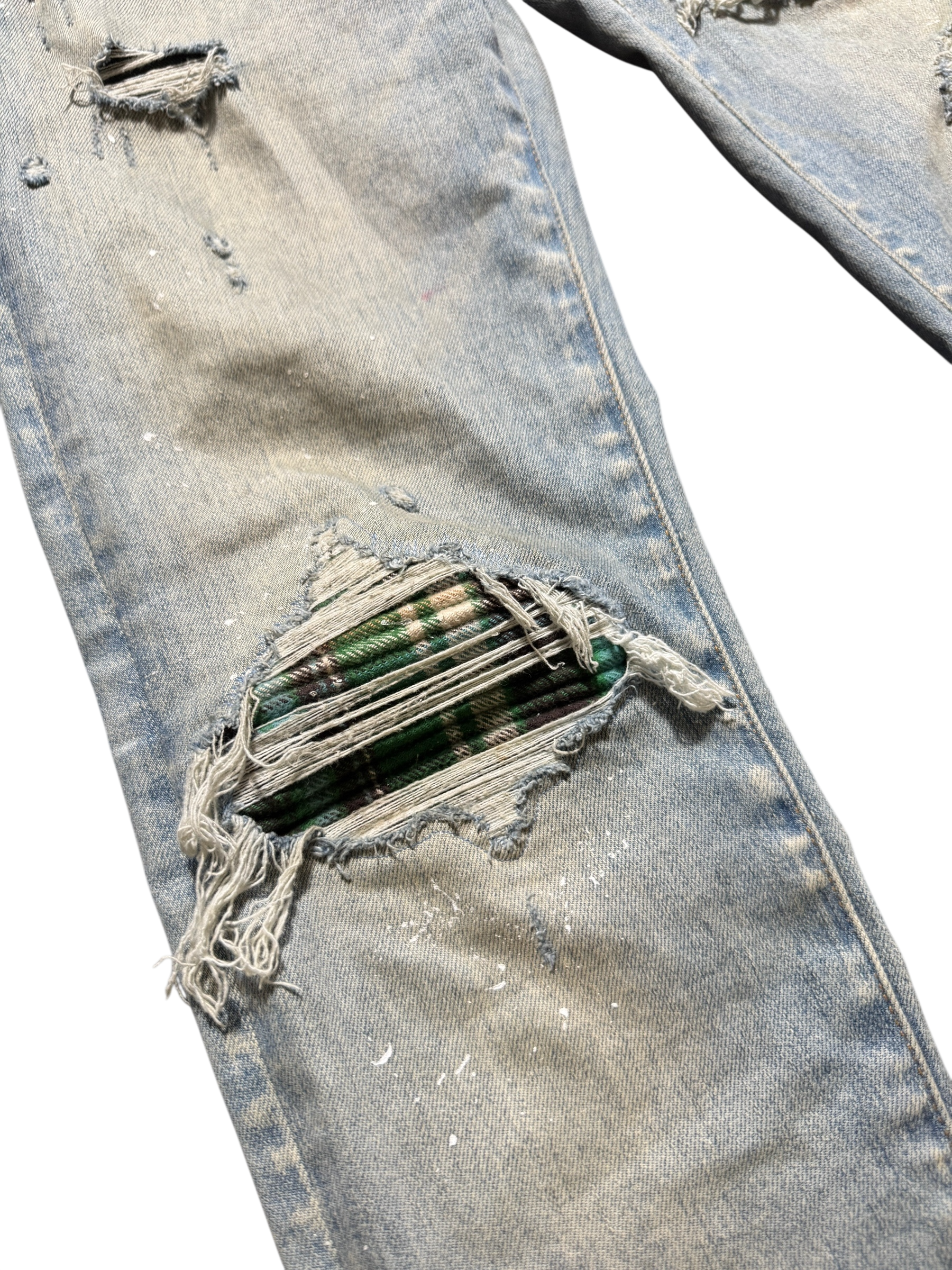 Amiri Mx1 Light Wash Green Plaid Patch Jeans