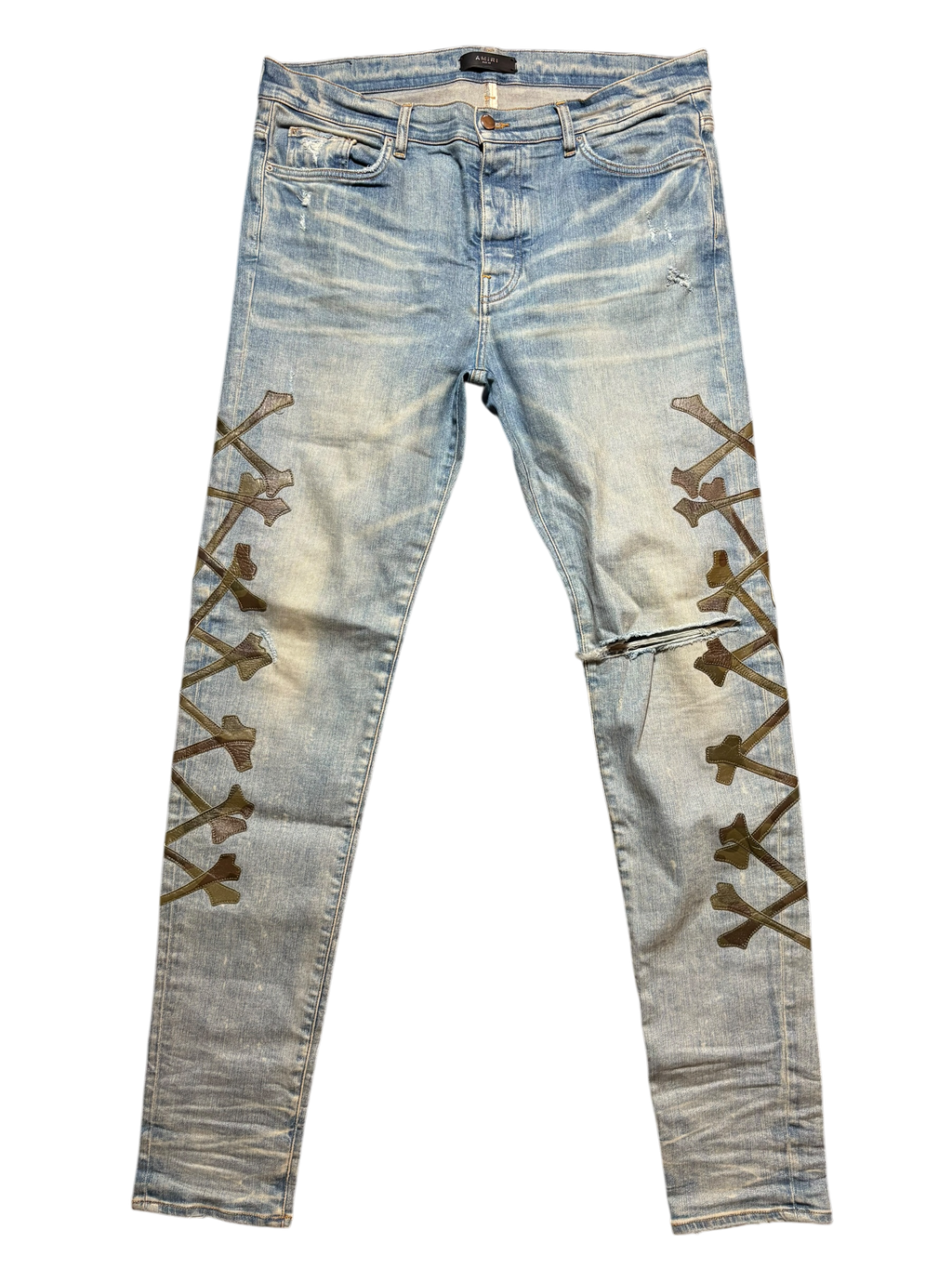 Amiri Distrssed Bones Patch Jeans Camo Blue - Size 38