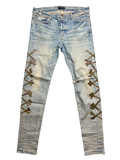 Amiri Distrssed Bones Patch Jeans Camo Blue - Size 38