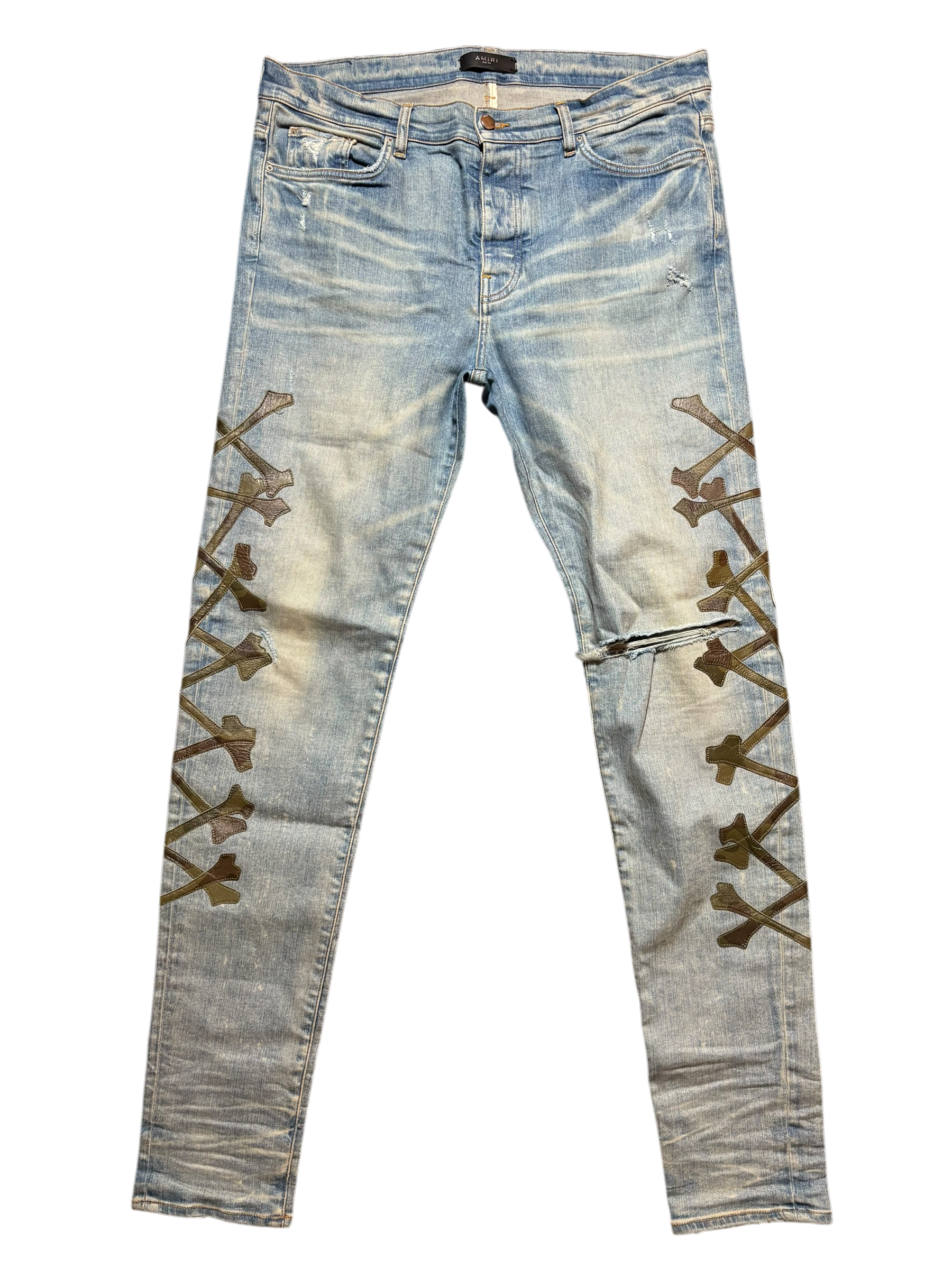 Amiri Distrssed Bones Patch Jeans Camo Blue - Size 38