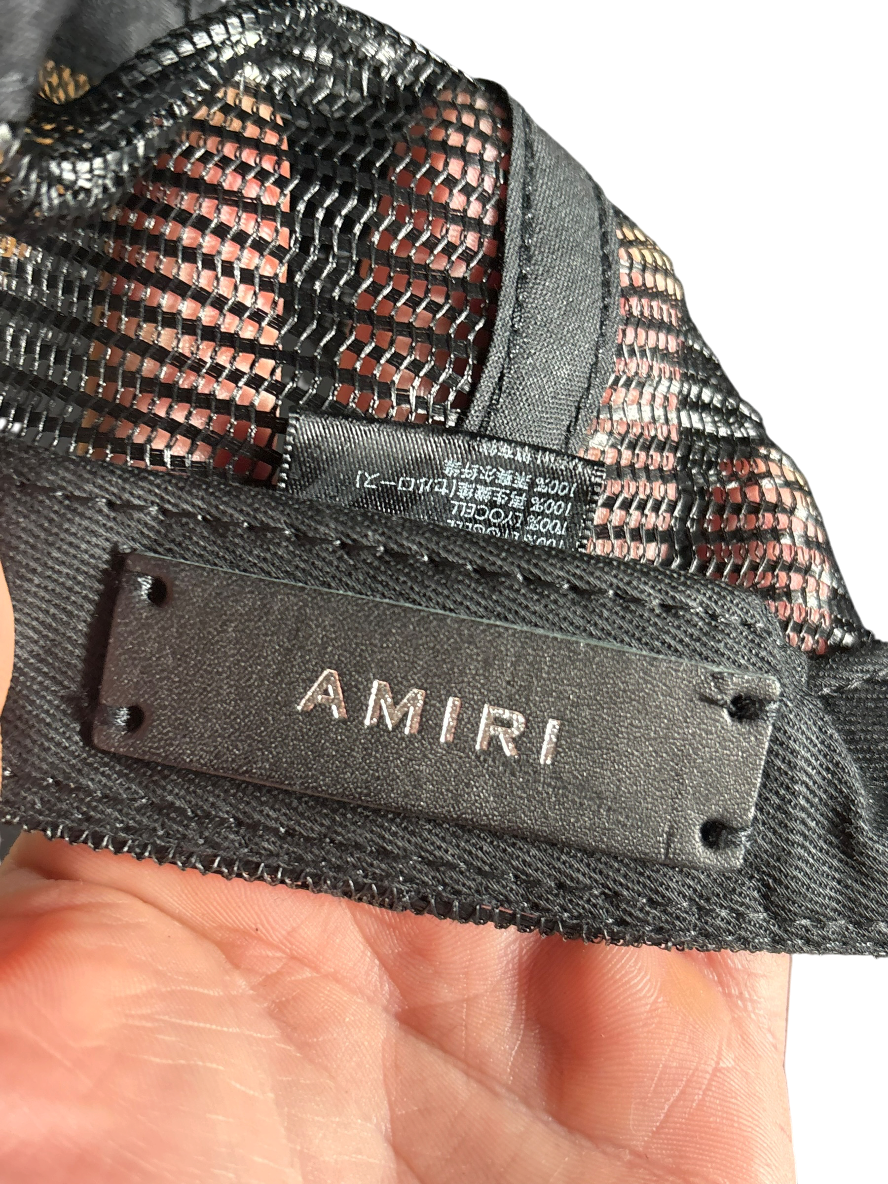 Amiri MA Pink Logo Black Trucker Hat