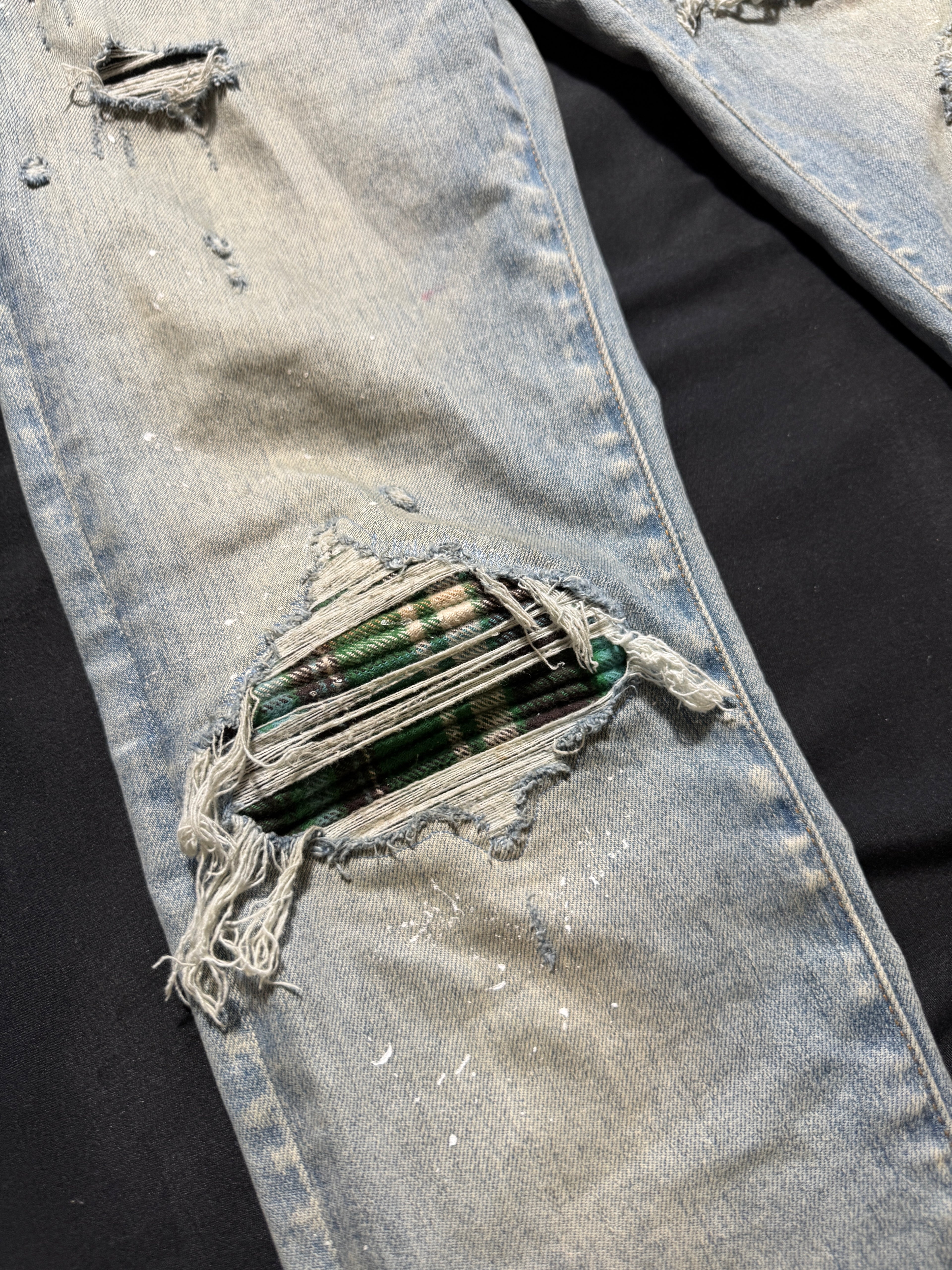 Amiri Mx1 Light Wash Green Plaid Patch Jeans