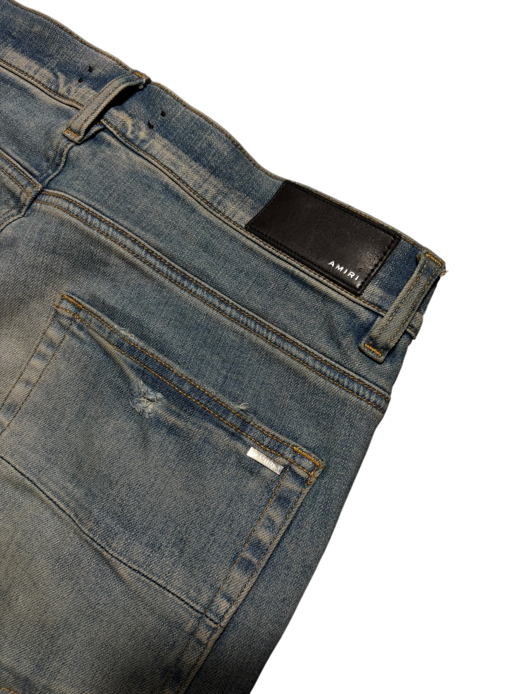 Amiri MX1 LightWash Orange Crackle Patch Jeans