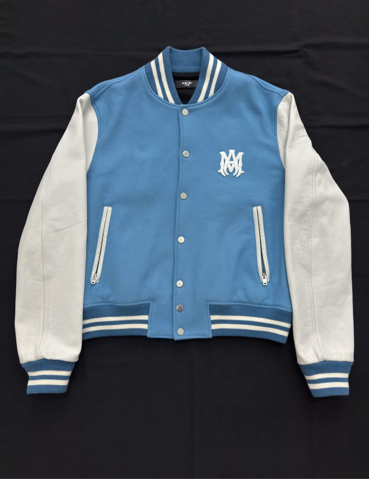 AMIRI Varsity Leather Jacket Light Blue/White - Size XL