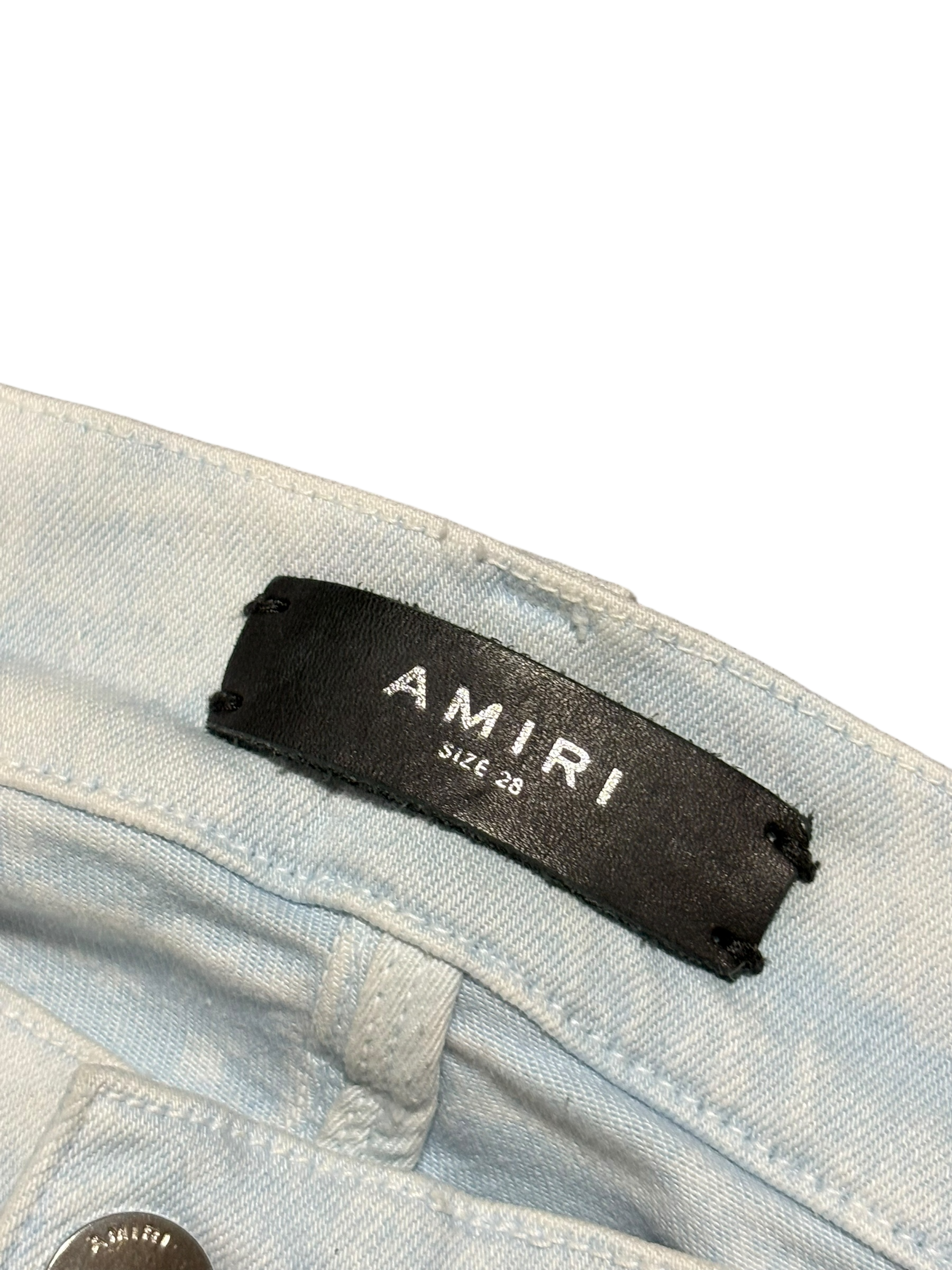 Amiri MX1 Acid Wash Light Blue Patch Jeans - Size 28