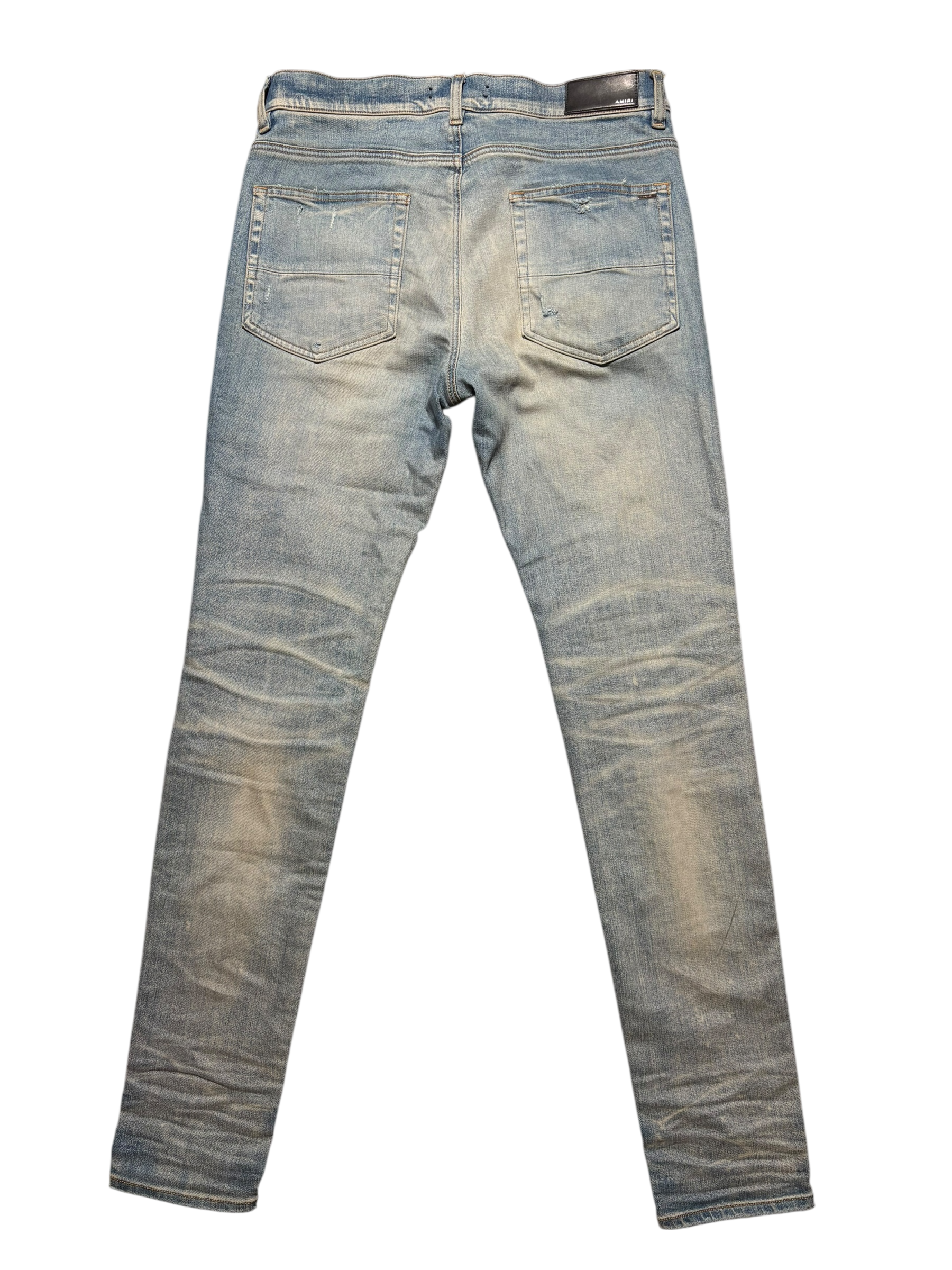 Amiri MX1 LightWash Orange Crackle Patch Jeans