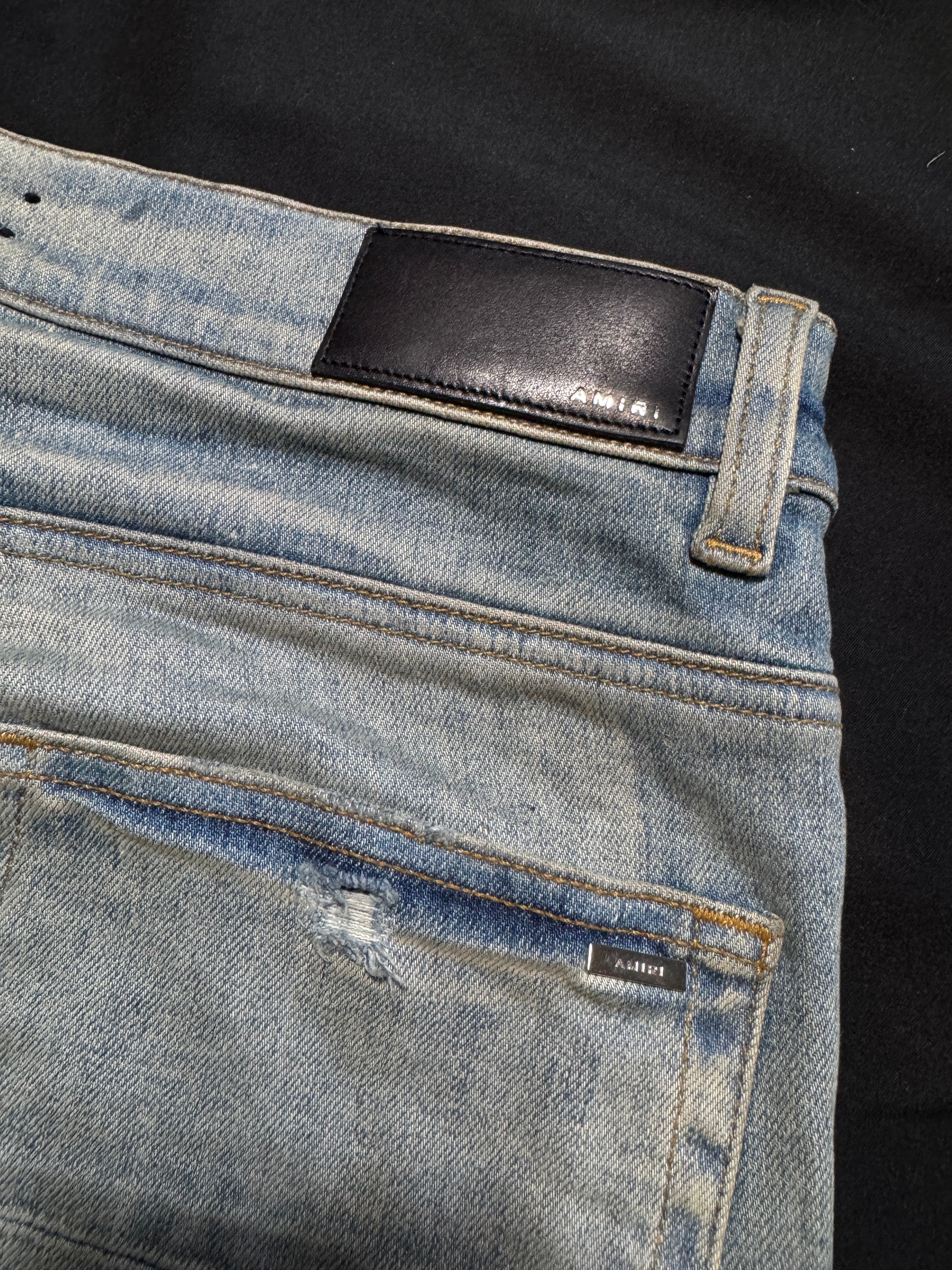 Amiri Mx1 Light Wash Green Plaid Patch Jeans