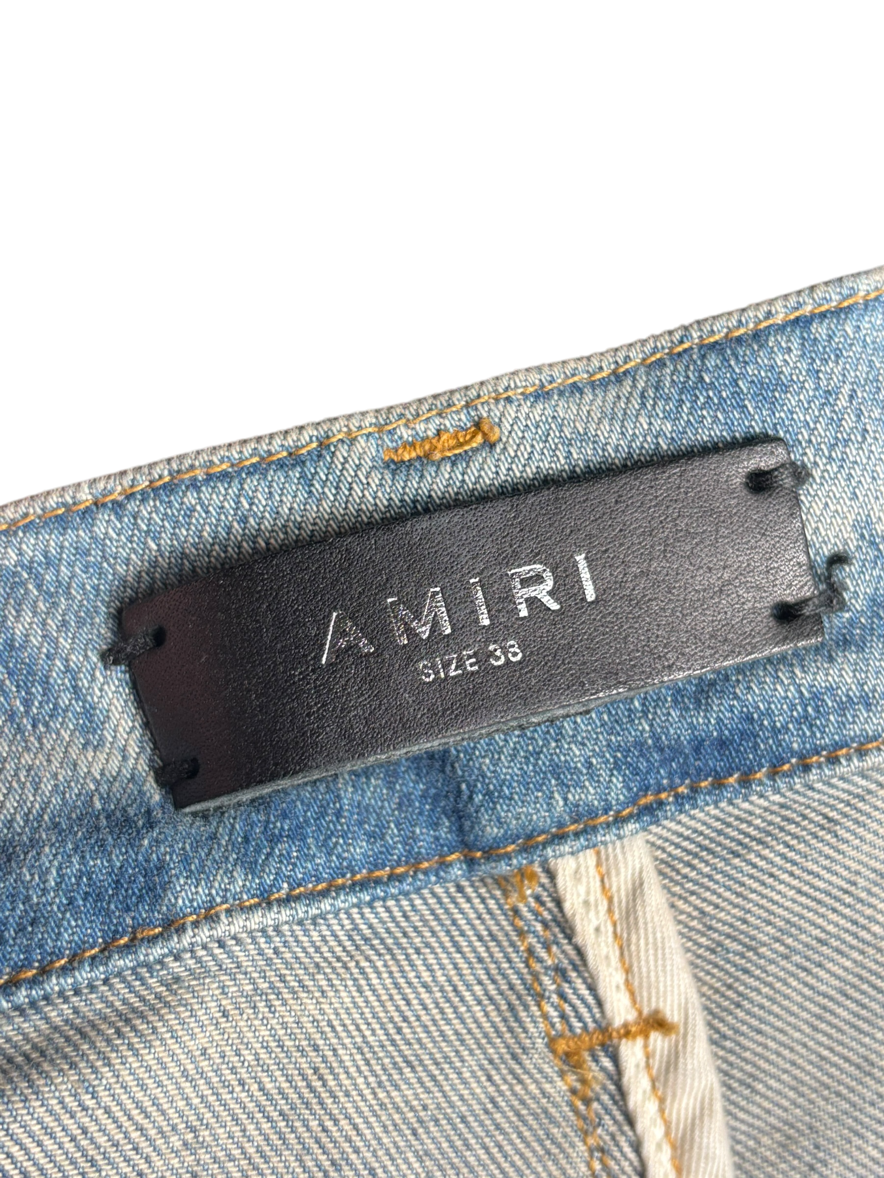 Amiri Distrssed Bones Patch Jeans Camo Blue - Size 38