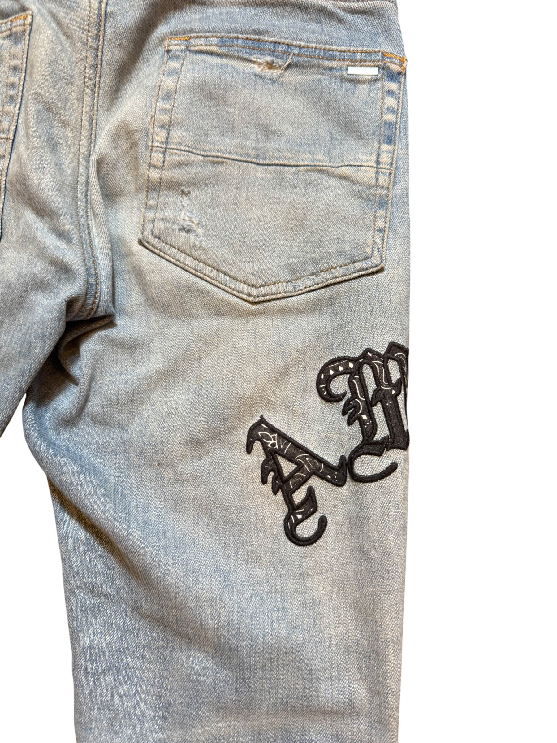 Amiri Old English Bandana Logo LightWash Jeans - Size 29