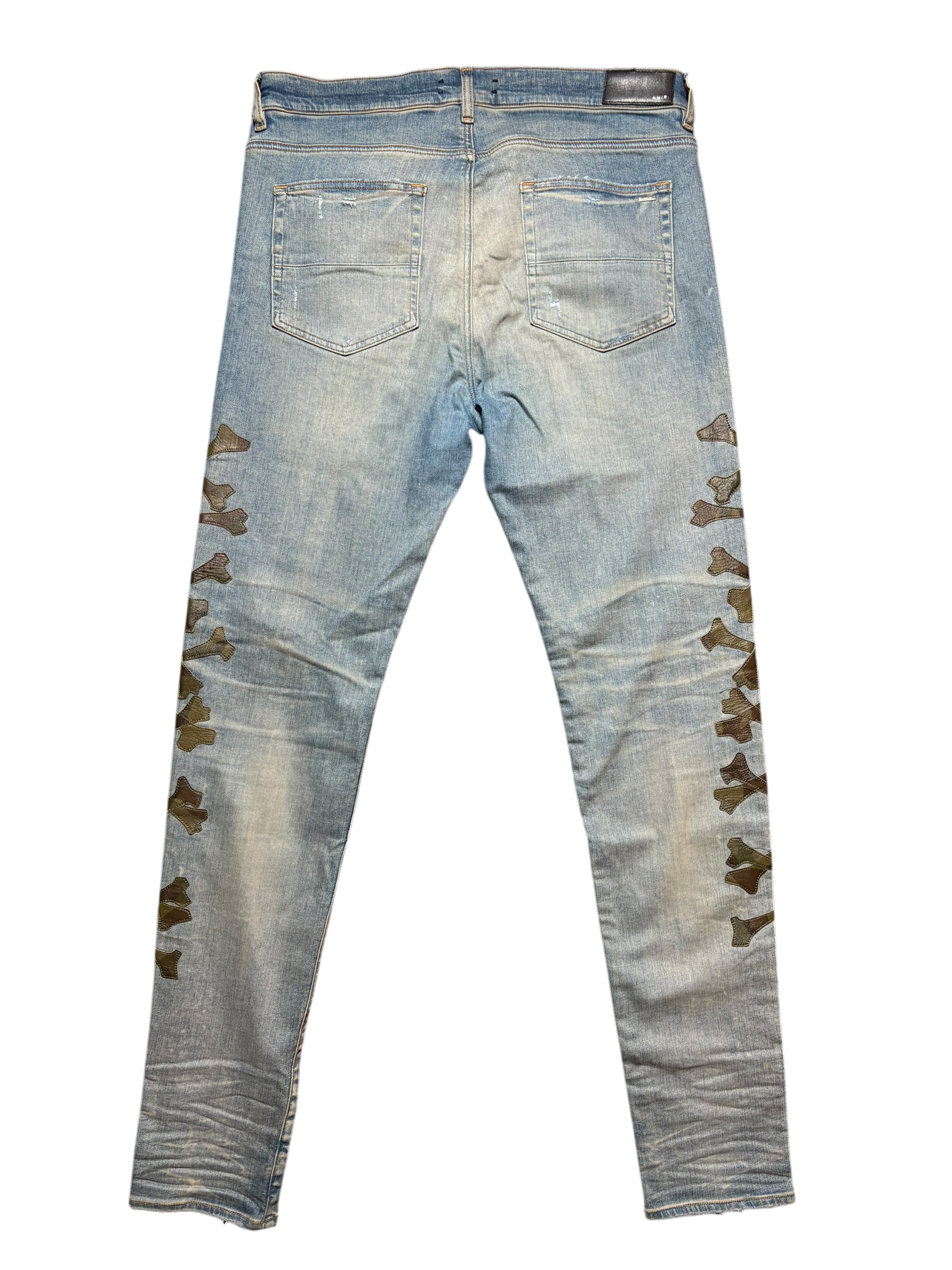 Amiri Distrssed Bones Patch Jeans Camo Blue - Size 38