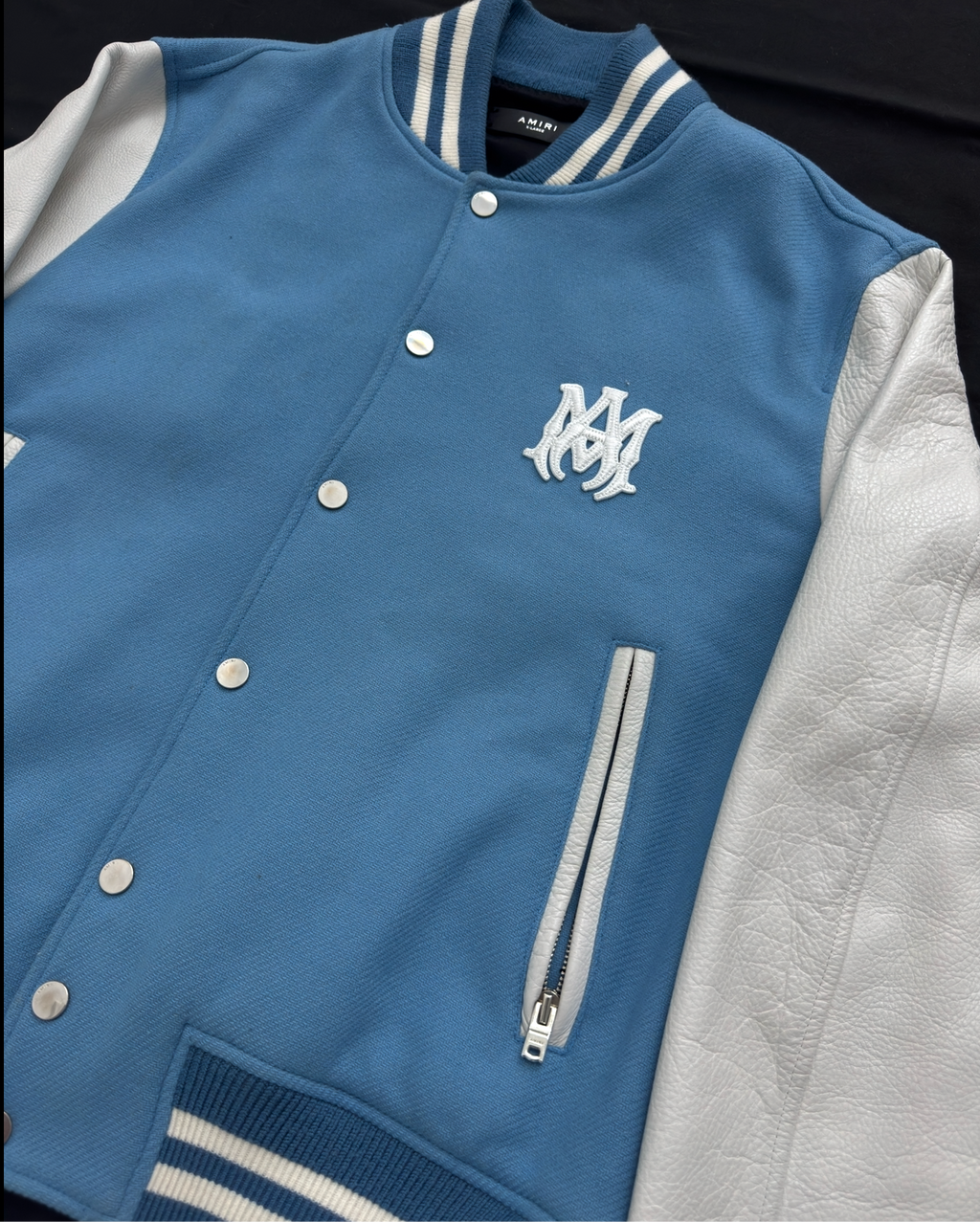 AMIRI Varsity Leather Jacket Light Blue/White - Size XL