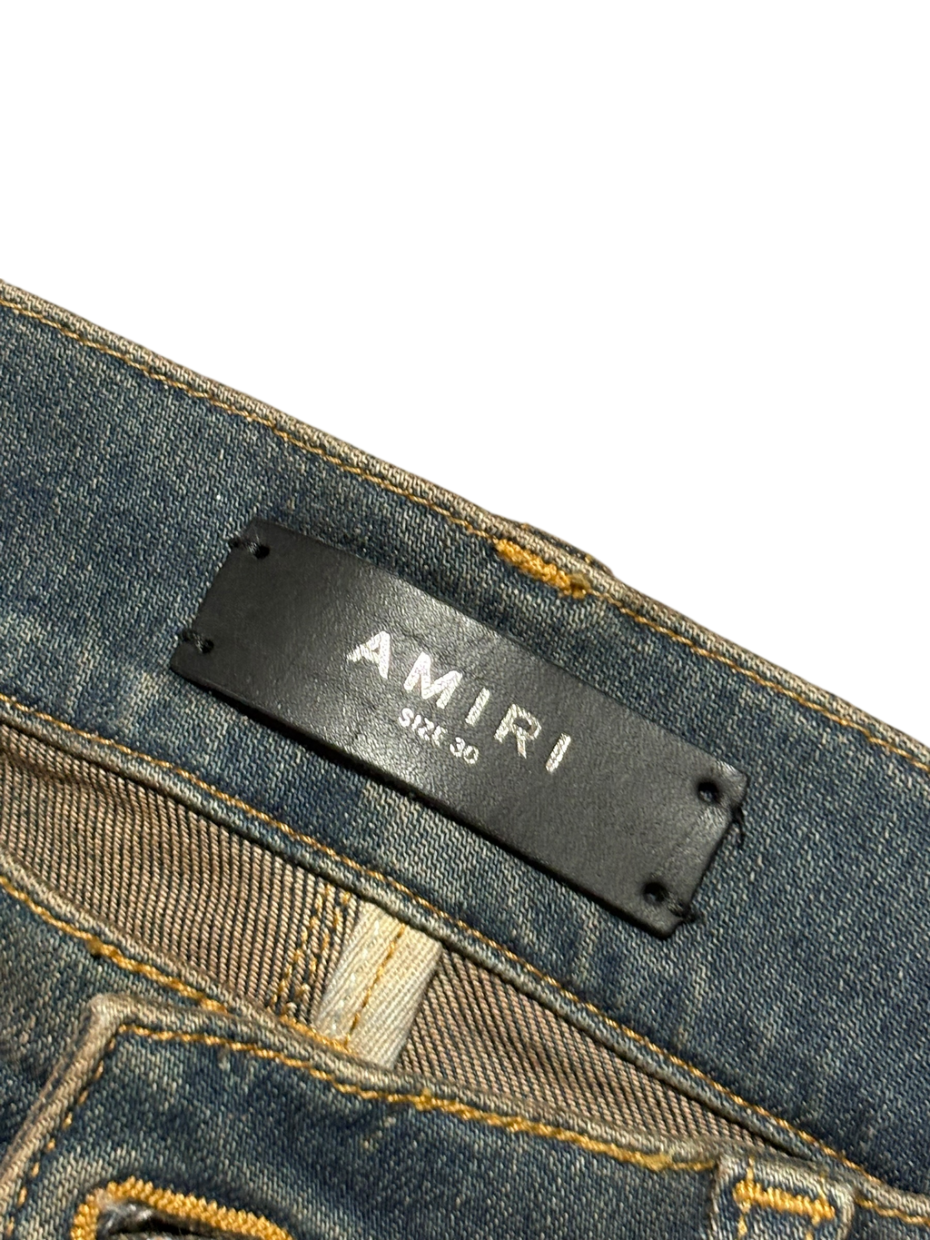 Amiri MX1 Dark Indigo Yellow Patch Jeans - Size 30