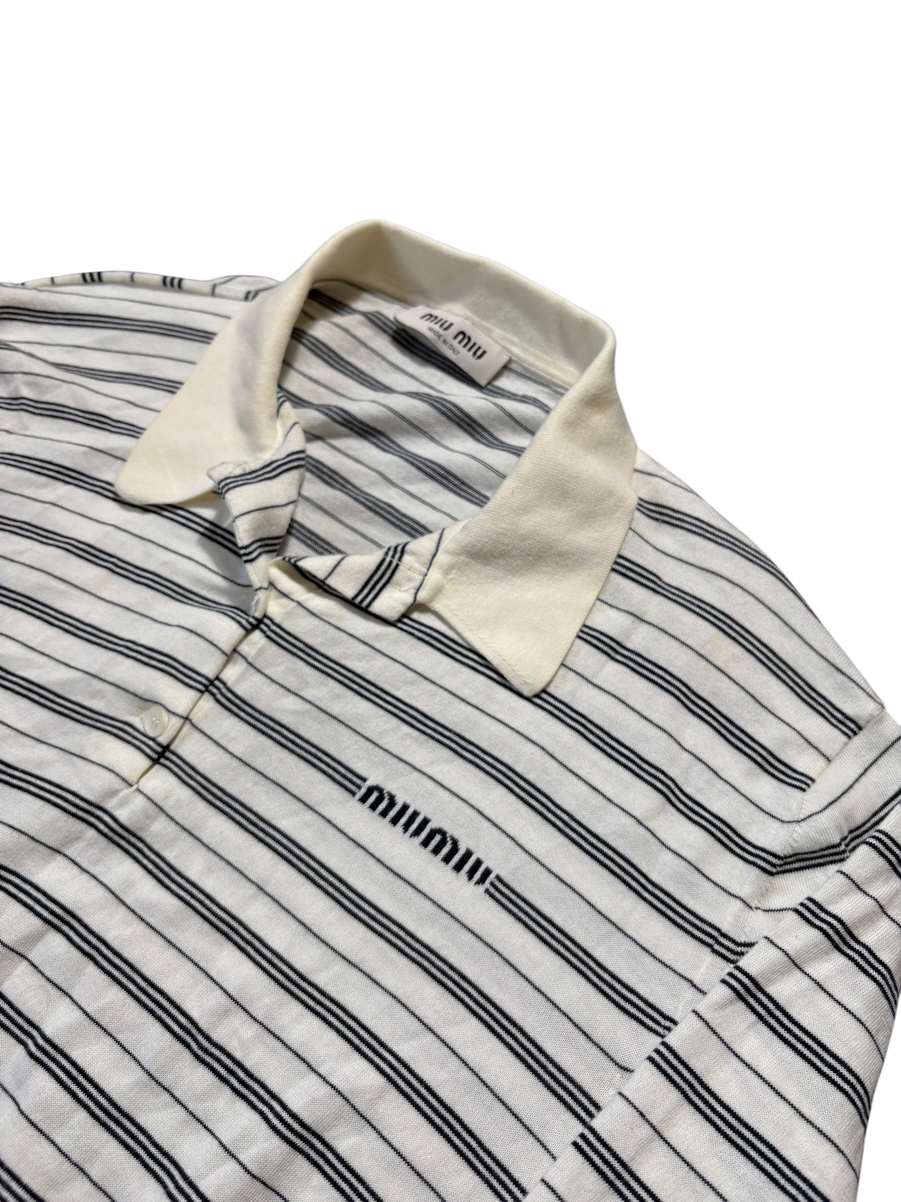 Miu Miu Knit Polo Stripe Logo Long Sleeve Shirt