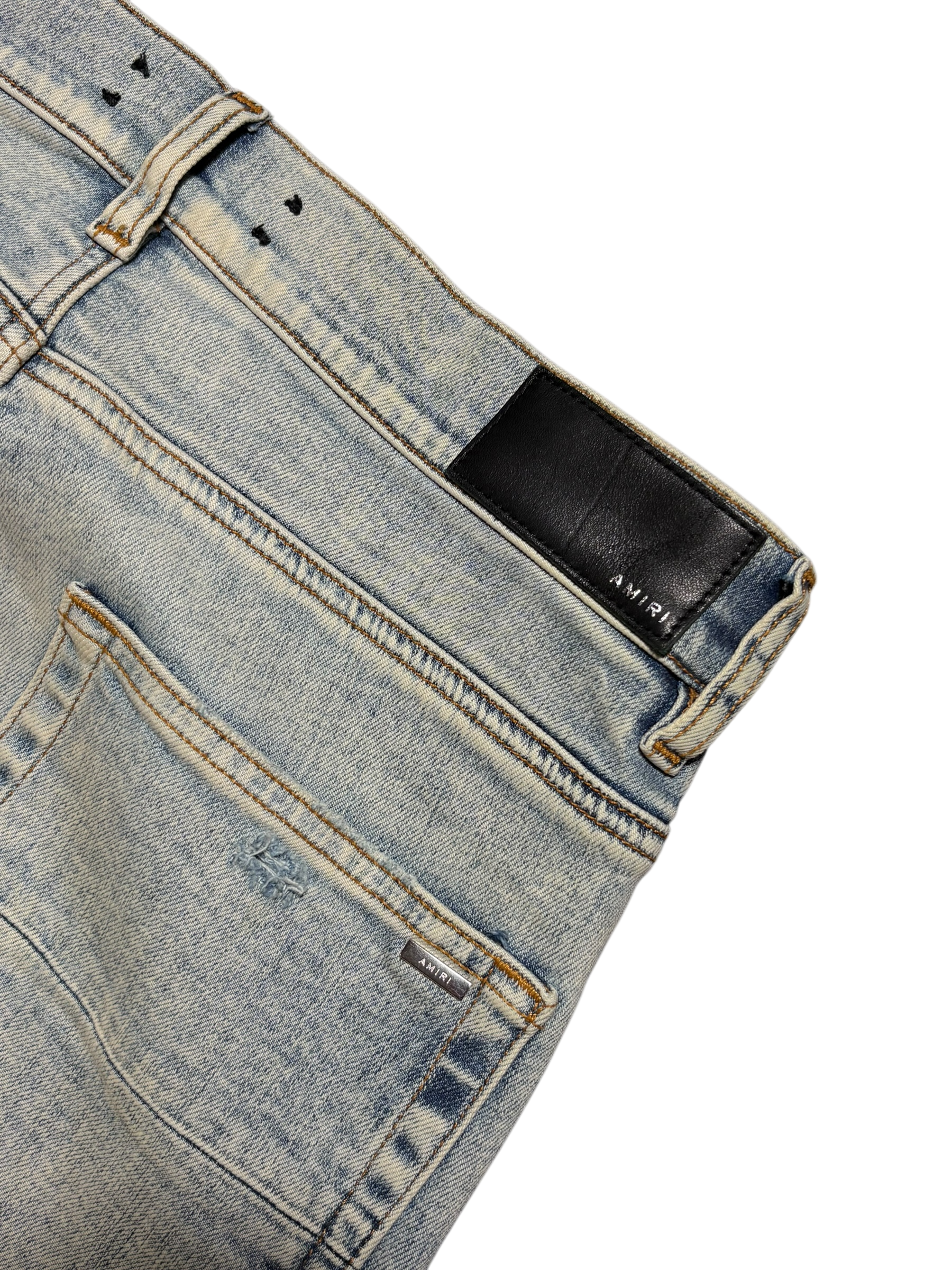 Amiri Pink Side Logo Light Wash Blue Jeans