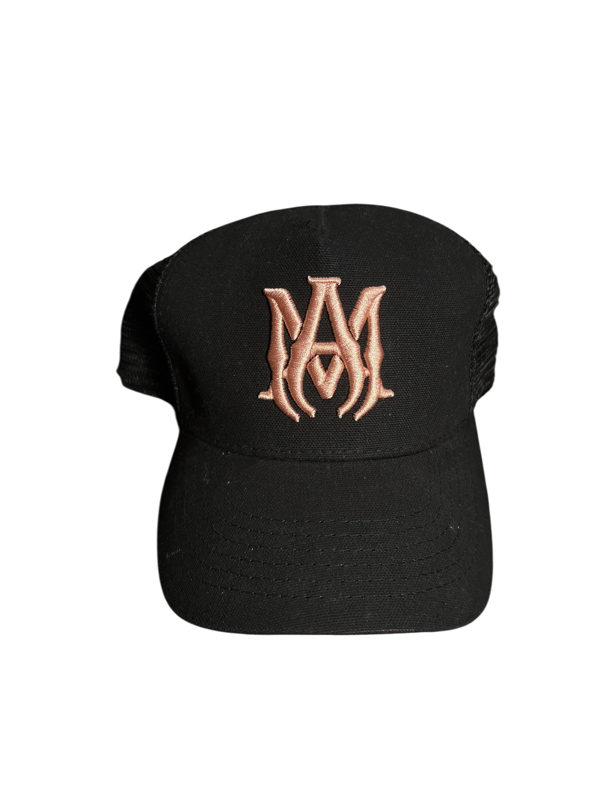 Amiri MA Pink Logo Black Trucker Hat