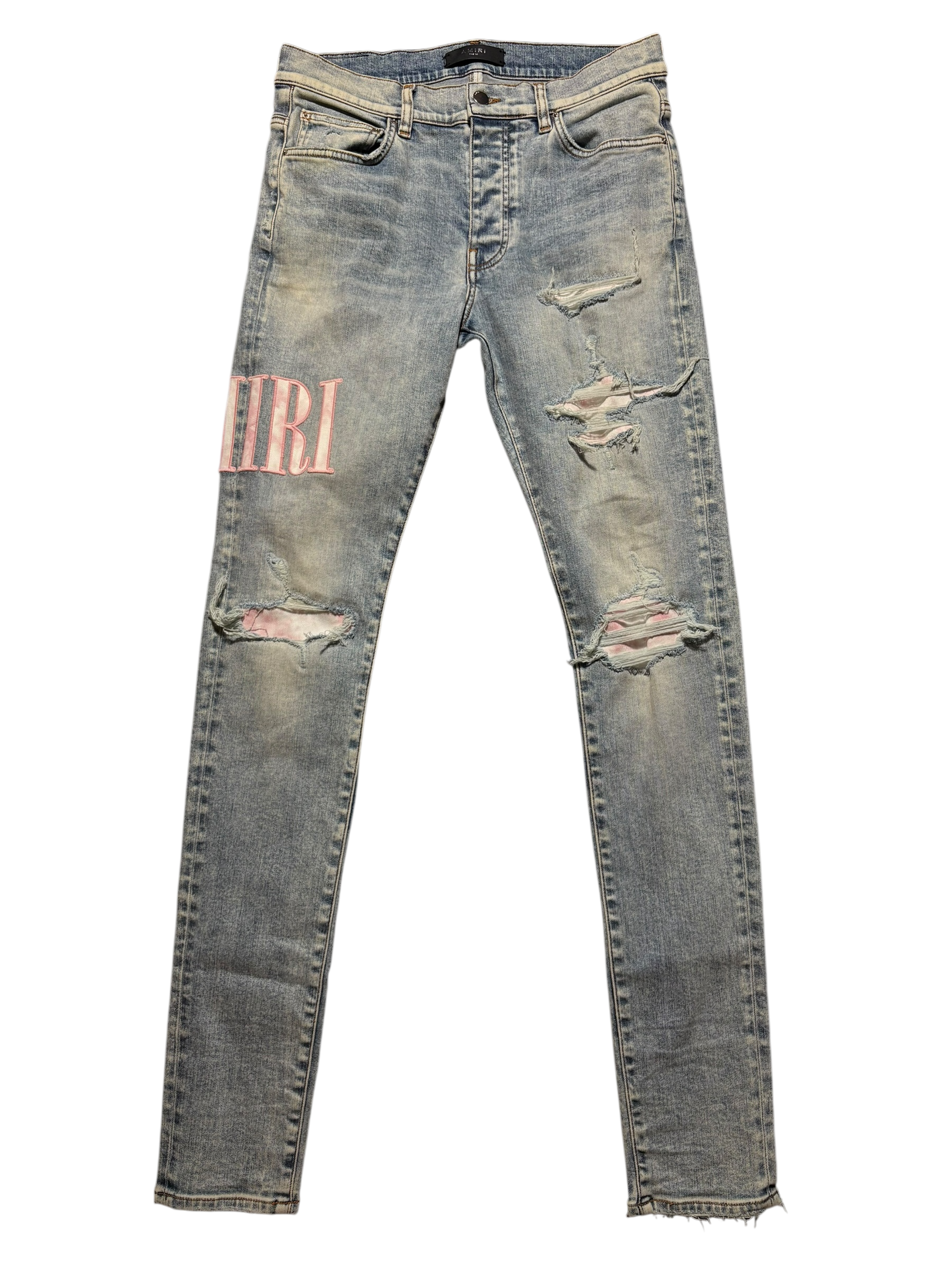 Amiri Pink Side Logo Light Wash Blue Jeans